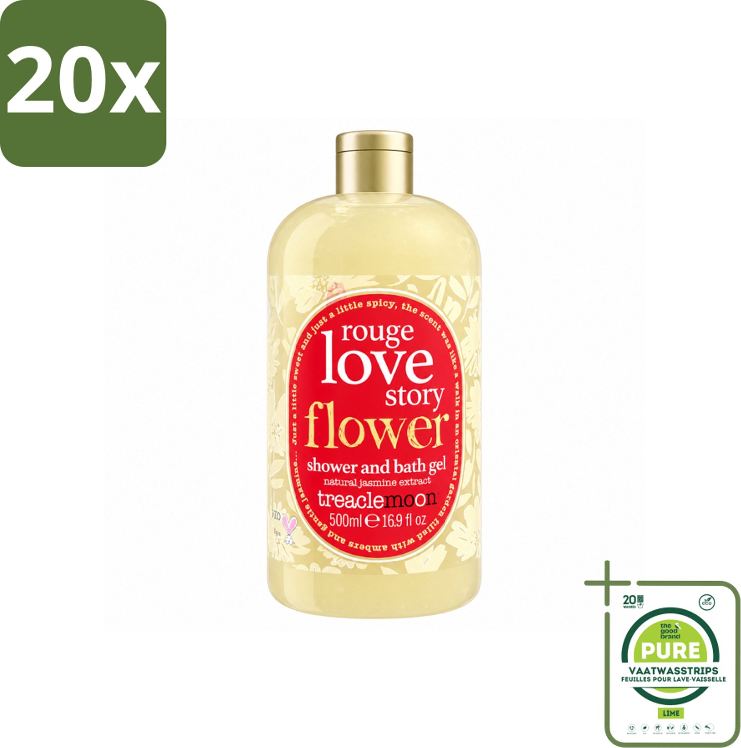 20 x Treaclemoon – Bad- & Douchegel – Rouge Love Story – 500 ml - Grootverpakking - Vaatwasstrips - Bad En Douchegel - Gember - Jasmijn - Amber - Frisheid