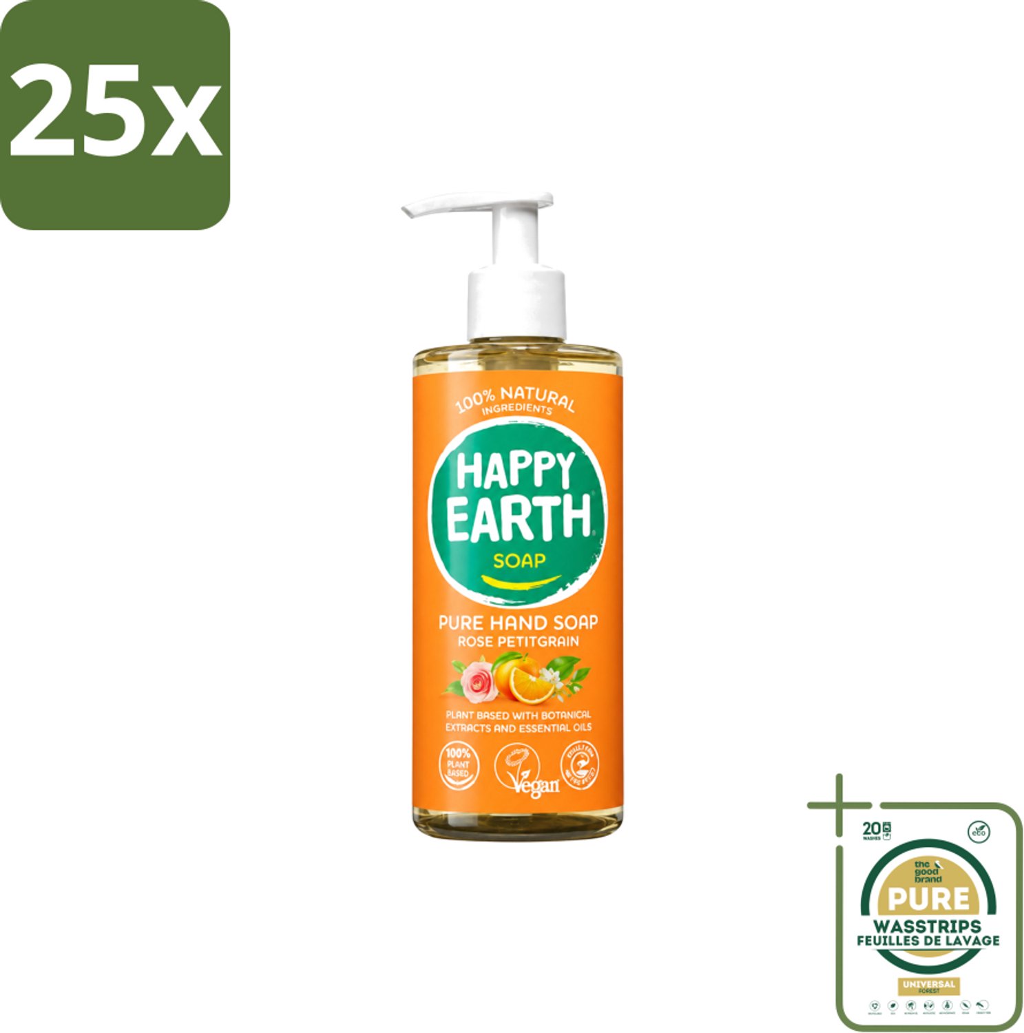 25 x Happy Earth – Handzeep – 100% Natuurlijk Rose Petitgrain – 300 ml - Wasstrips - Handzeep - Natuurlijke Handzeep - Vegan Handzeep - Rose Petitgrain - Bloemige Geur