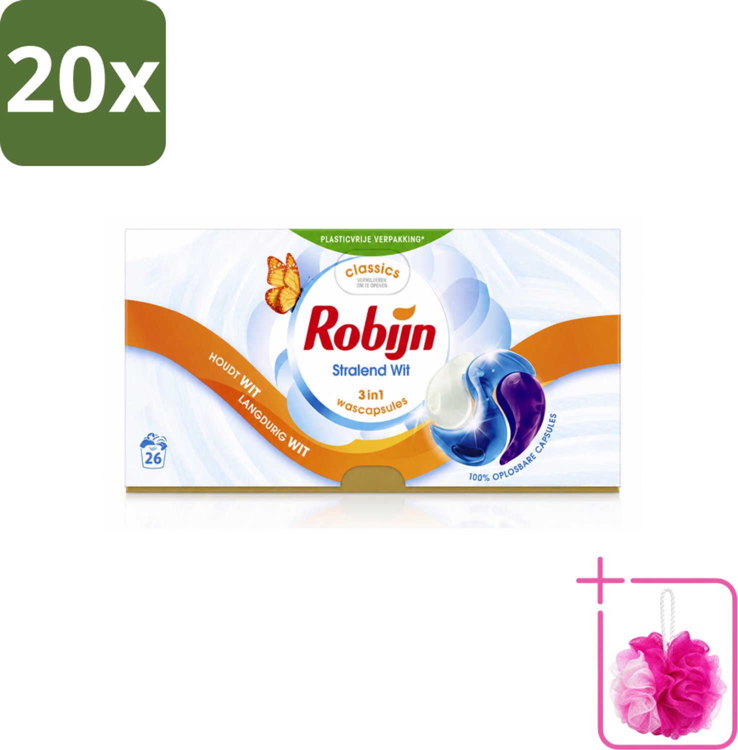 20 x Robijn – 3-in-1 Wascapsules – Stralend Wit - 26 Capsules - Bulkverpakking - Wascapsules - Douchemop - Witte was