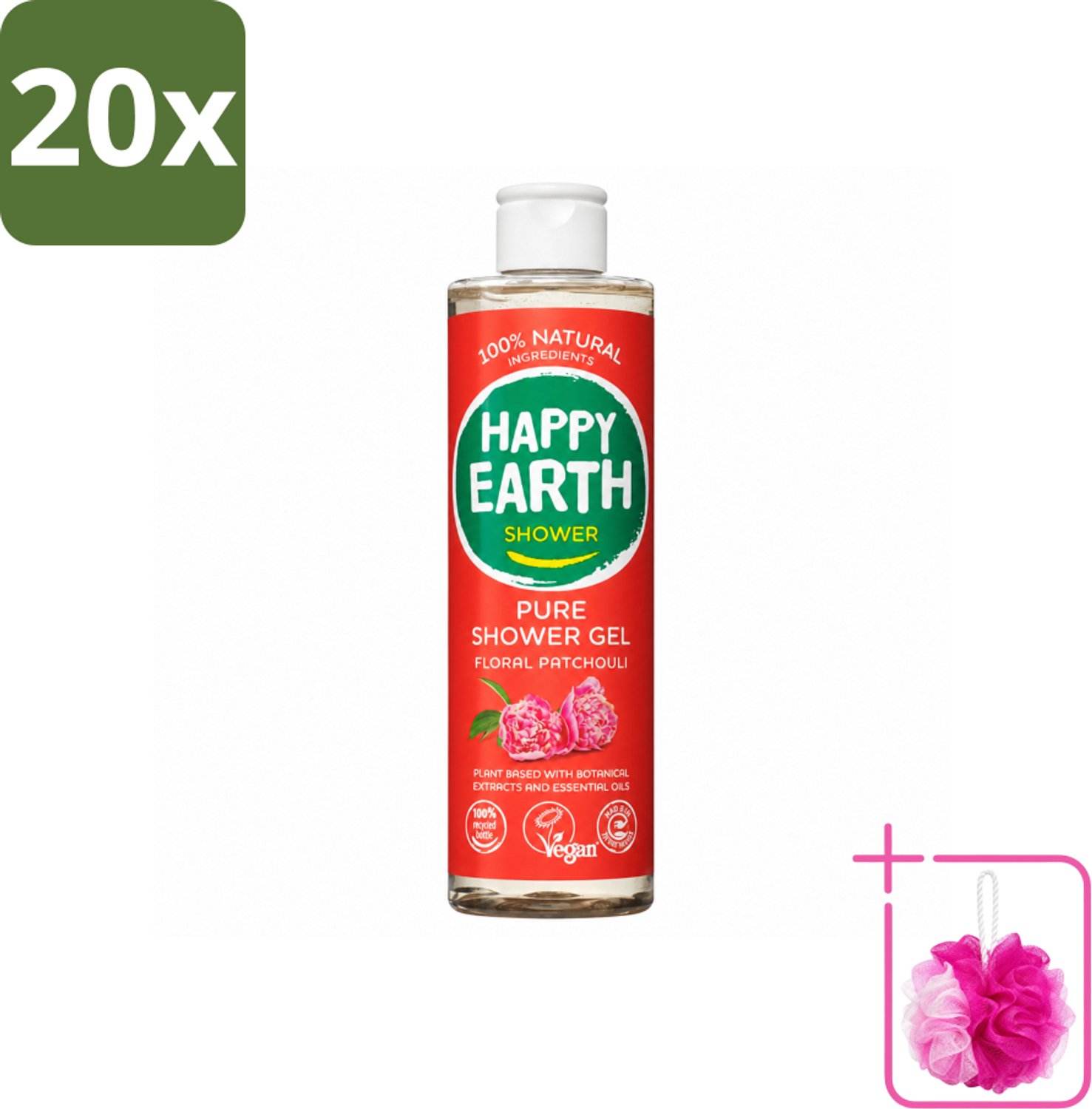 20 x Happy Earth – Douchegel – 100% Natuurlijk Floral Patchouli – 300 ml - Bulkverpakking - Douchegel - Douchemop - Natuurlijke douchegel