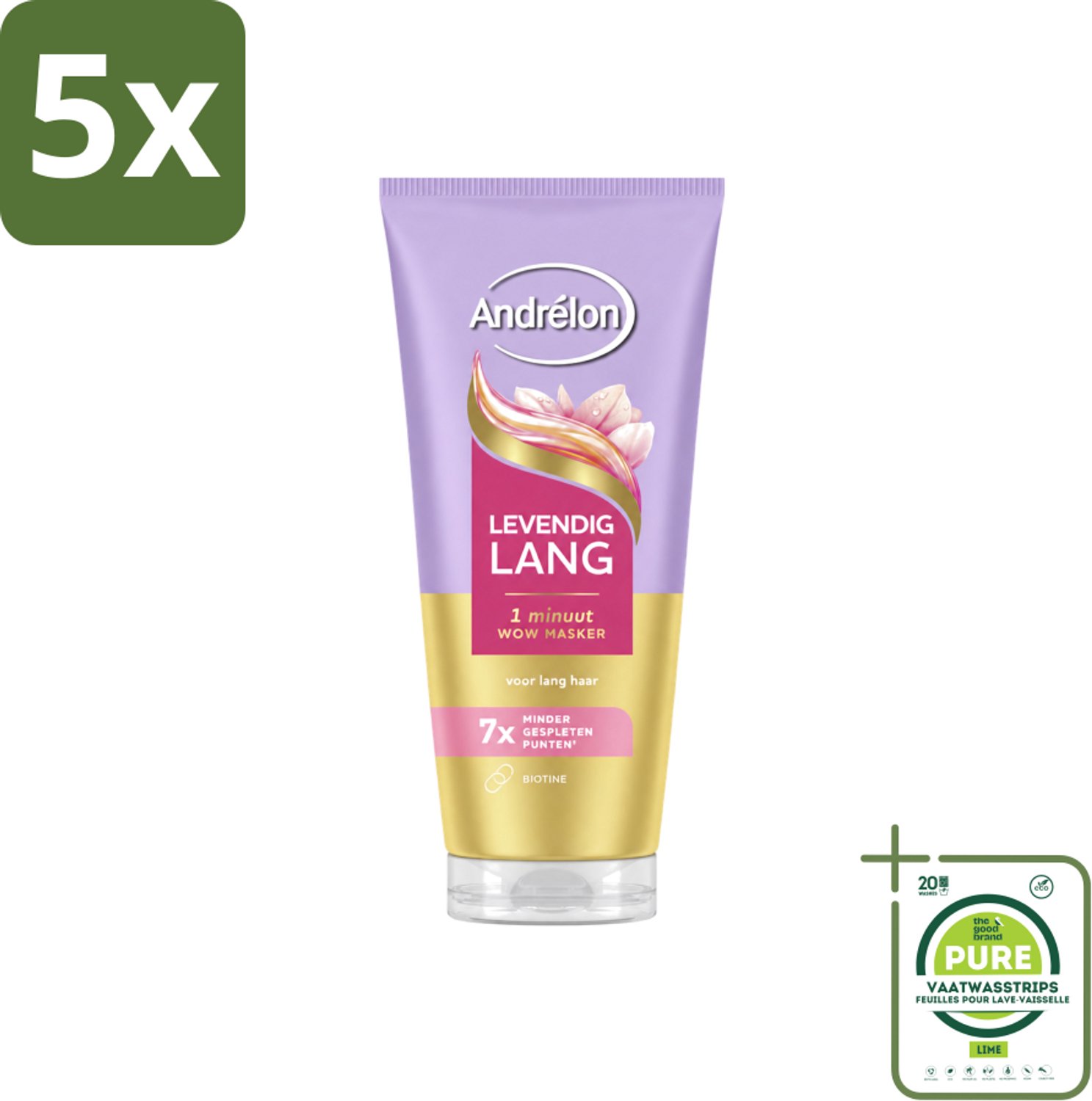 5 x Andrélon – Haarmasker WOW – Levendig Lang – 180 ml - Grootverpakking - Vaatwasstrips - Haarmasker - Lang Haar - Gespleten Punten - Haarversterking - Biotine