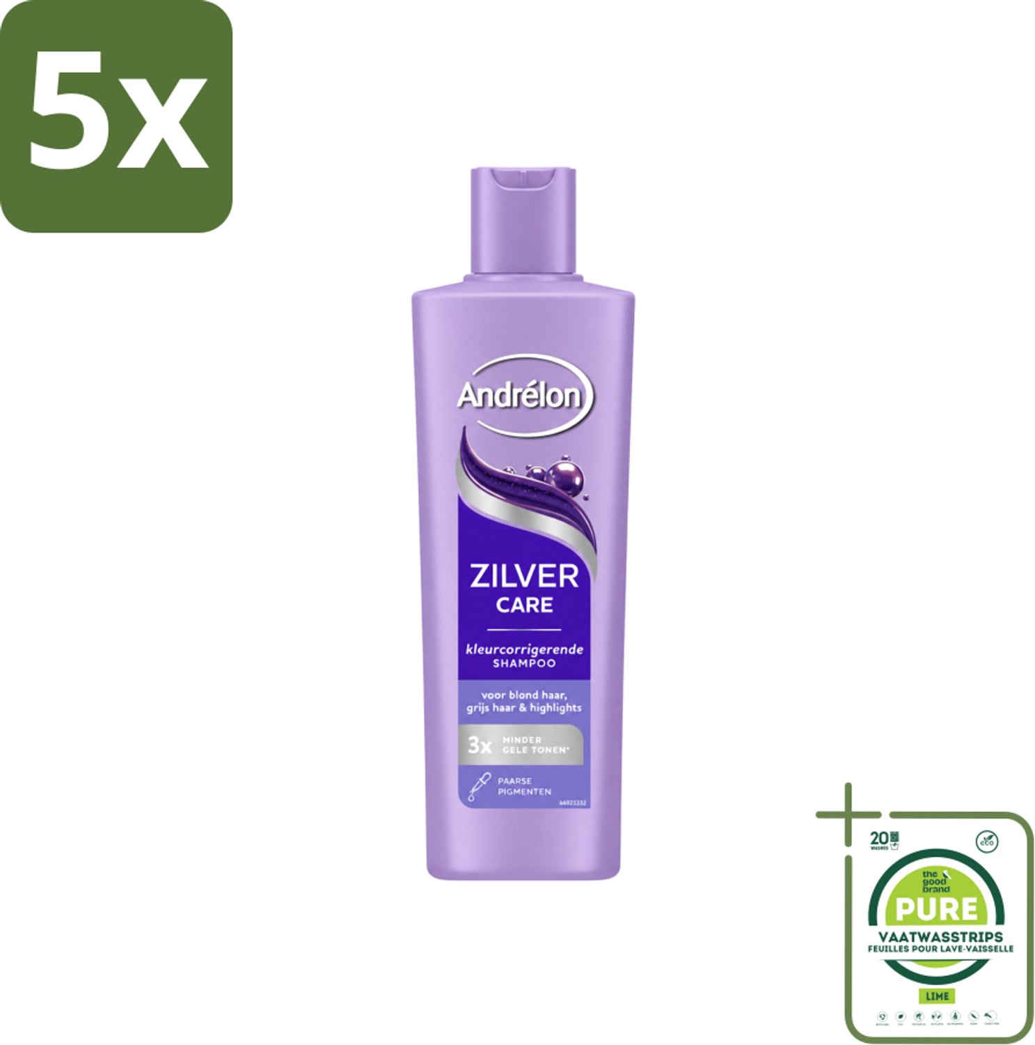 5 x Andrélon – Shampoo – Zilver Care – 250 ml - Grootverpakking - Vaatwasstrips - Zilver Care Shampoo - Koele Haarkleur - Kleurcorrectie - Gele Tonen - Koperkleurige Tonen