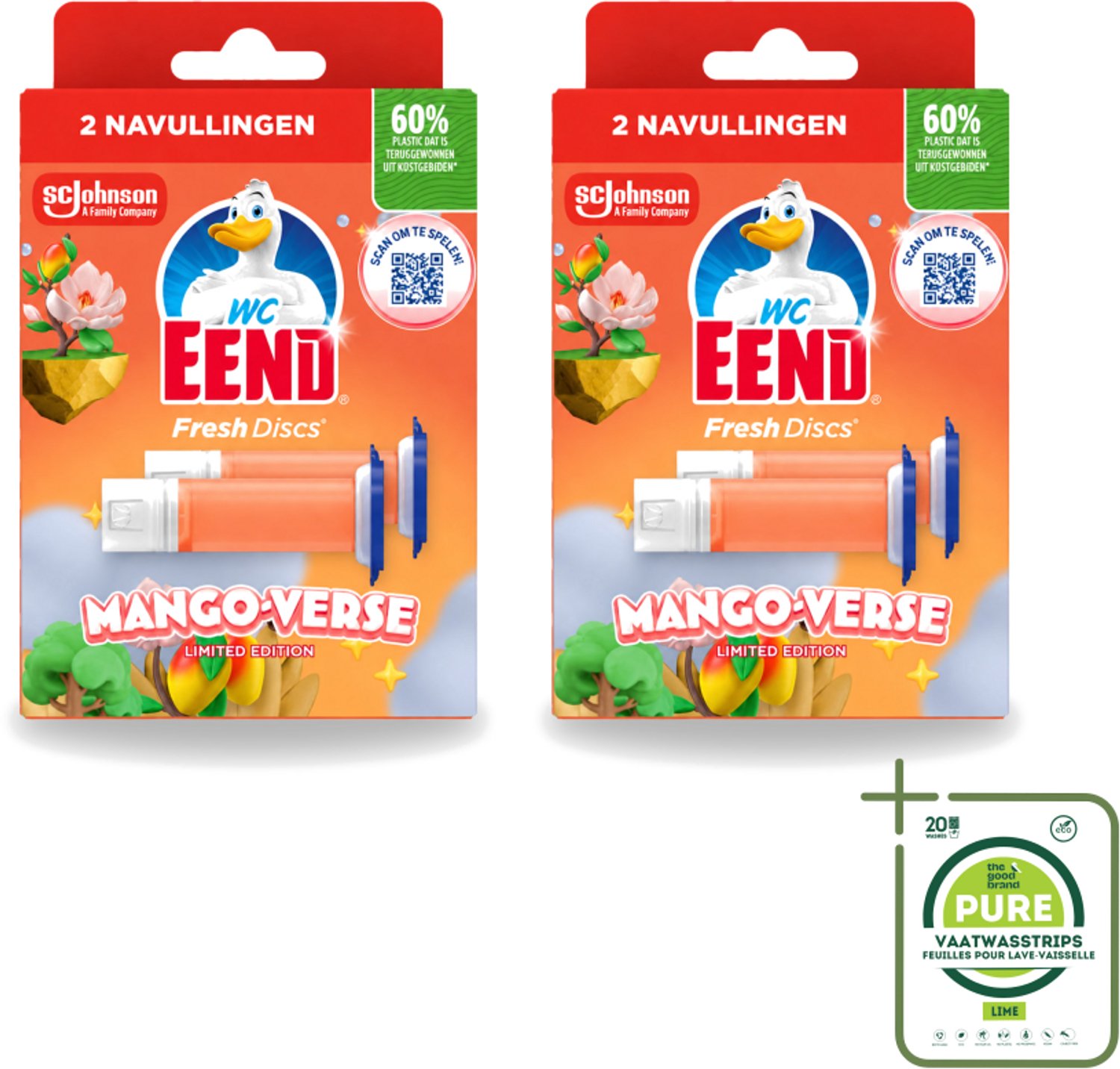 2 x WC Eend – Fresh Discs – Duo Navulling – Mango Verse – 72 ml - Grootverpakking - Vaatwasstrips - Toilet Navulling - Fris Toilet - Mango Geur - Kalkaanslag Voorkomen - Toilet Reinigen