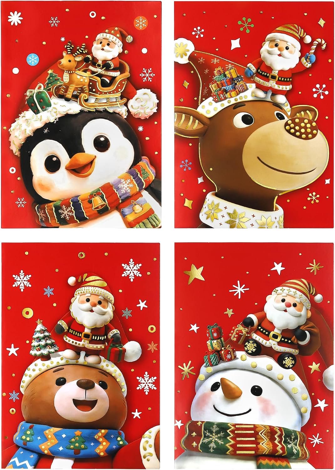 12 Pack Cartoon Kerstkaarten met Rode Enveloppen, 4 Leuke Ontwerpen, 11,9x17 cm