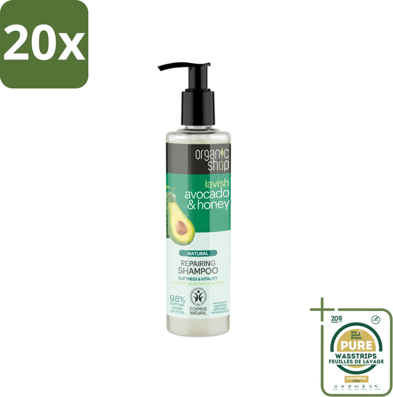 20 x Organic Shop - Natural Repairing Shampoo - Avocado & Honey - Hydraterend en Herstellend - 280 ml - Wasstrips - Avocado En Honing Shampoo - Herstellend Haar - Hydraterend Haar - Beschadigd Haar - Pluis Haar
