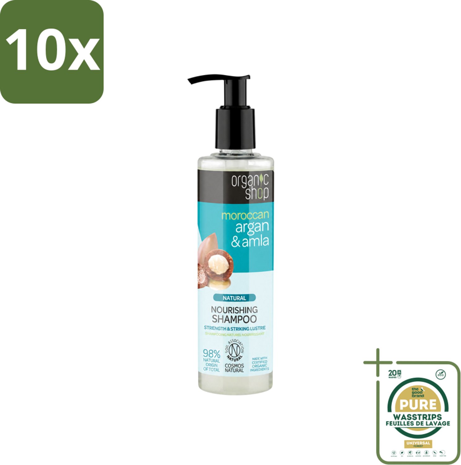 10 x Organic Shop - Natural Nourishing Shampoo - Argan Hair & Amla - Herstellend en Voedend - 280 ml - Wasstrips - Argan Haar Shampoo - Natuurlijke Haar Shampoo - Herstellende Haar Shampoo - Voedend Haar Shampoo - Beschadigd Haar Herstellen