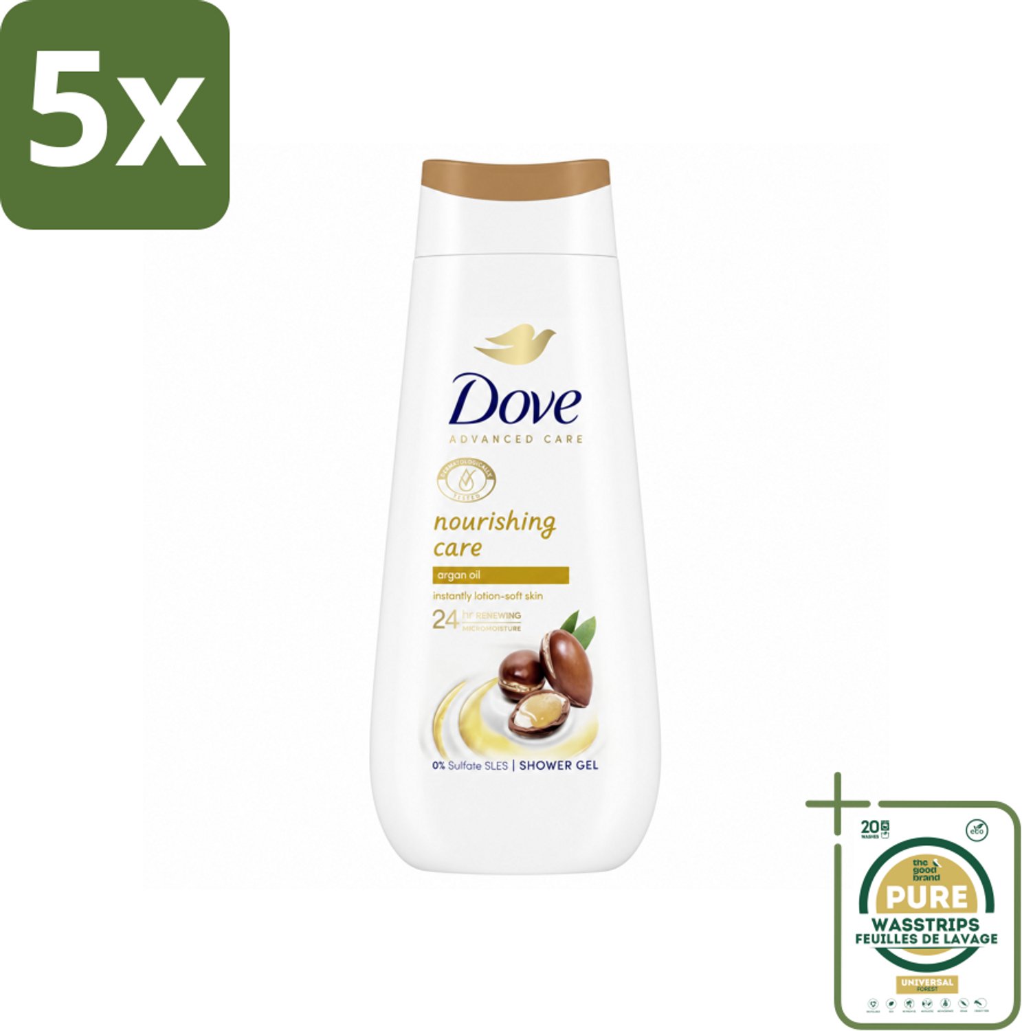 5 x Dove Douchecrème - Nourishing Care - Arganolie - 225 ml - Wasstrips - Douchegel - Arganolie - Hydratatie - Droge Huid - Voedende Huid