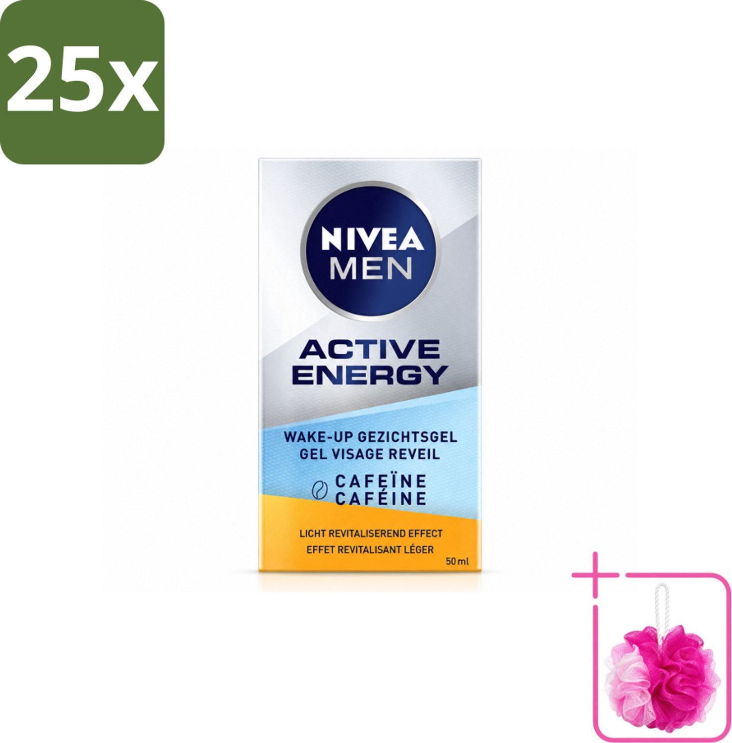 25 x NIVEA MEN - Active Energy - Wake-up Gezichtsgel met Cafeïne - 50 ml - Bulkverpakking - Cafeïne - Douchemop - Energie