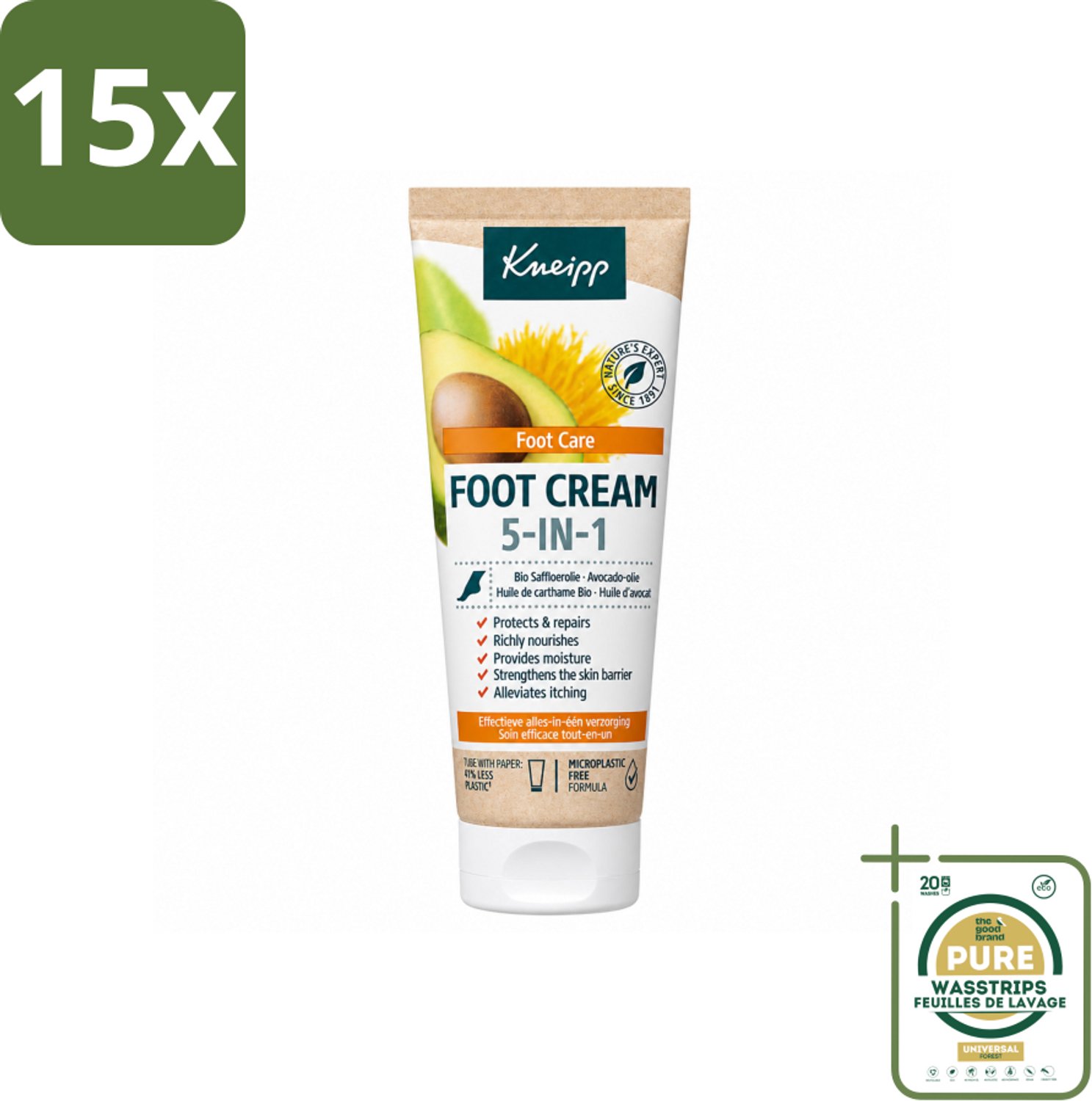 15 x Kneipp - Voetcrème 5‑in‑1 - Verlicht jeuk, hydrateert & herstelt - 75 ml - Wasstrips - Voetcrème - Voetverzorging - Voeten Hydrateren - Jeuk Verlichten - Voeten Herstellen