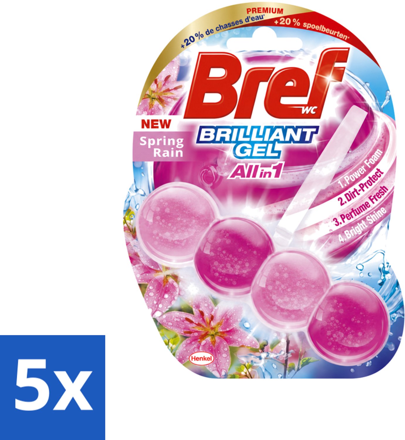 5 x Bref - Toiletblok - Brilliant Gel - Spring Rain - 42g - Voordeelverpakking - 5 stuks