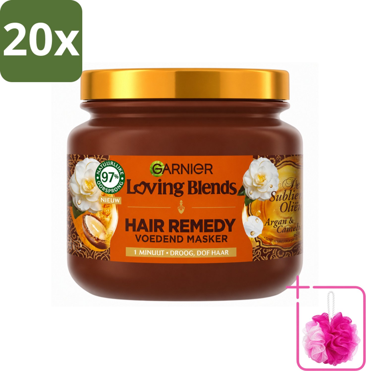 20 x Garnier - Loving Blends - Haarmasker - Argan & Cameliaolie - Droog & Dof Haar - 340 ml - Bulkverpakking - Haarmasker - Douchemop - Arganolie