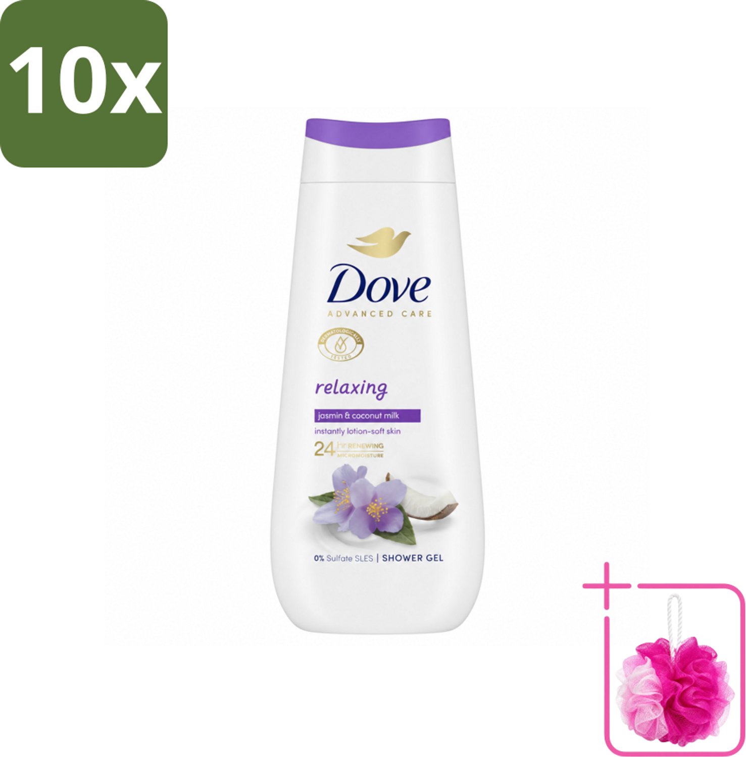 10 x Dove Douchecrème - Relaxing - Kokos & Jasmijn - 225 ml - Bulkverpakking - Douchegel - Douchemop - Ontspannen douche