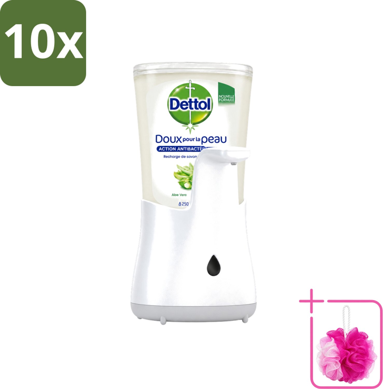 10 x Dettol - Automatische Zeepdispenser - No-Touch Zilver met Aloe Vera - 250 ml - Bulkverpakking - Contactloze zeepdispenser - Douchemop - Hygiëne