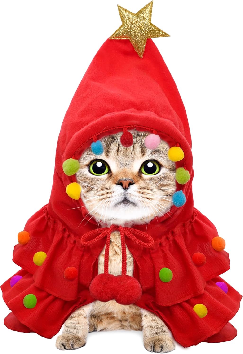 Kerstkostuum kerstfeest aankleden kleding cape met ster en pompons verstelbare cape (Rood/M)