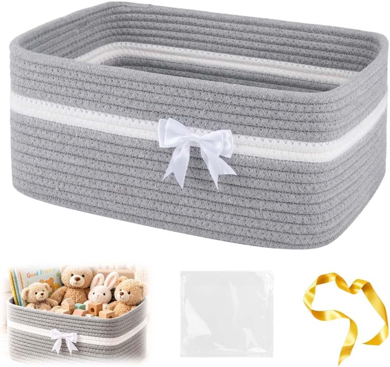 34 x 25 x 15 cm, leeg cadeaumand, met cadeauzakjes en linten, grijs