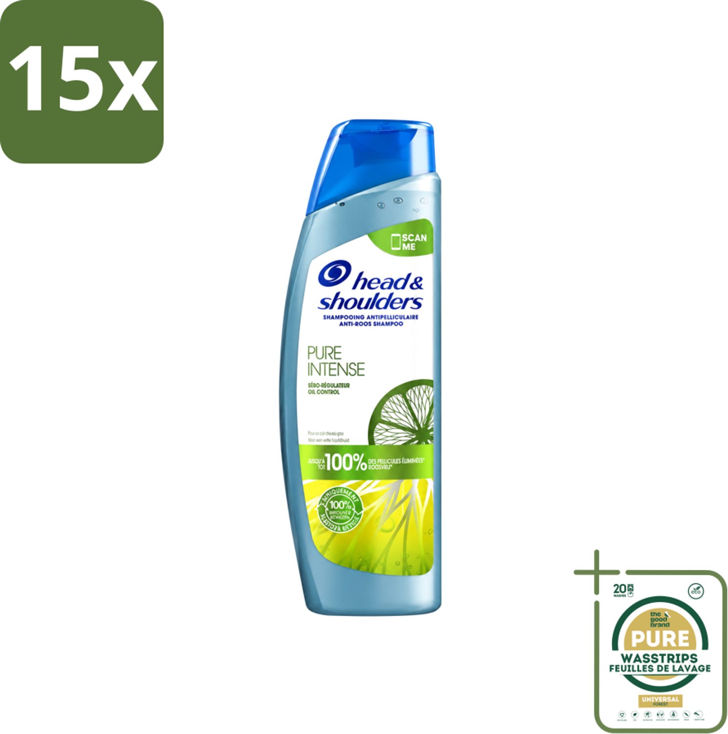 15 x Head & Shoulders - Anti-Roos Shampoo - Pure Intense - Oil Control - 250 ml - Wasstrips - Roosvrij Haar - Oliecontrole - Schone Hoofdhuid - Vet Haar - Anti-roos Shampoo