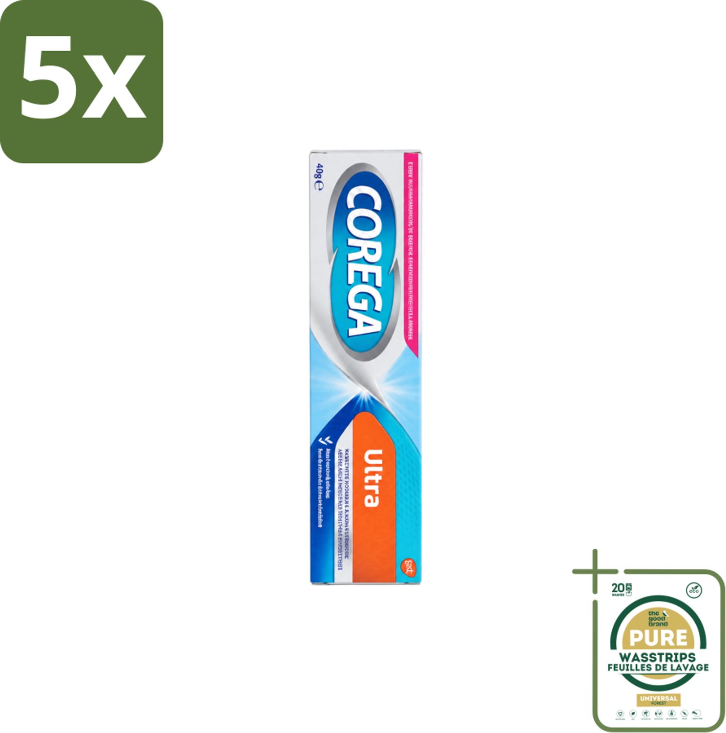 5 x Corega Ultra Kleefcrème - Krachtig Houvast & Bescherming - Met Verfrissende Mintsmaak - 40g - Wasstrips - Gebitprothese Kleefcrème - Houvast Gebitsprothese - Prothese Fixatie - Prothese Crème - Mintsmaak Prothese