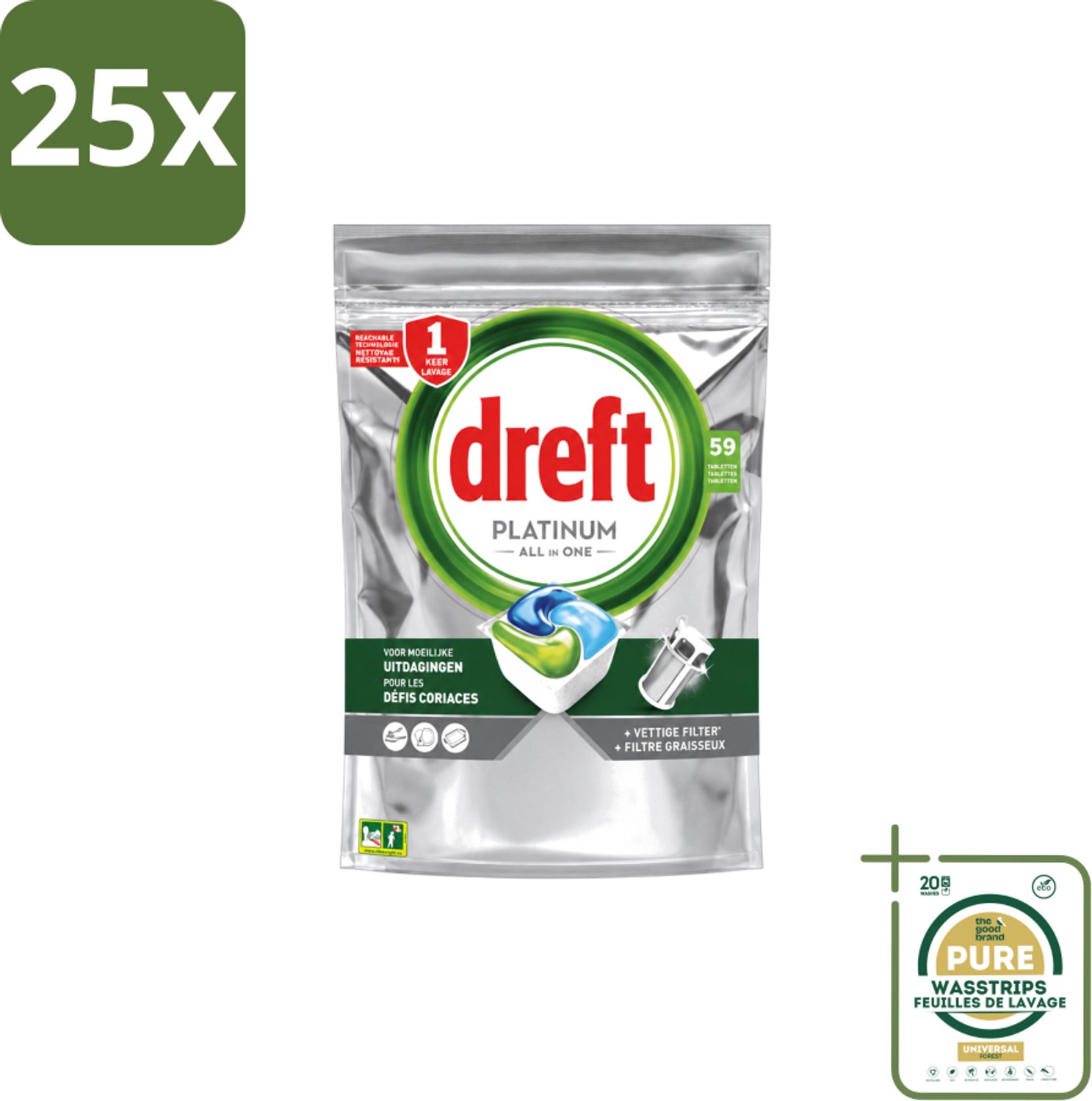 25 x Dreft – Vaatwastabletten – Platinum All-in-One Original – 59 Tabletten - Wasstrips - Vaatwastabletten - Vaatwasser - Reiniging - Ontvetting - Zout