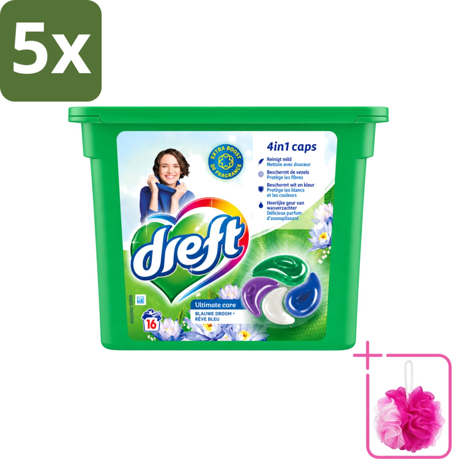5 x Dreft - Wasmiddelcapsules 4in1 - Gekleurde Was - Blauwe Droom - 16 Wasbeurten - Bulkverpakking - Wasmiddelcapsules - Douchemop - Blauwe Droom