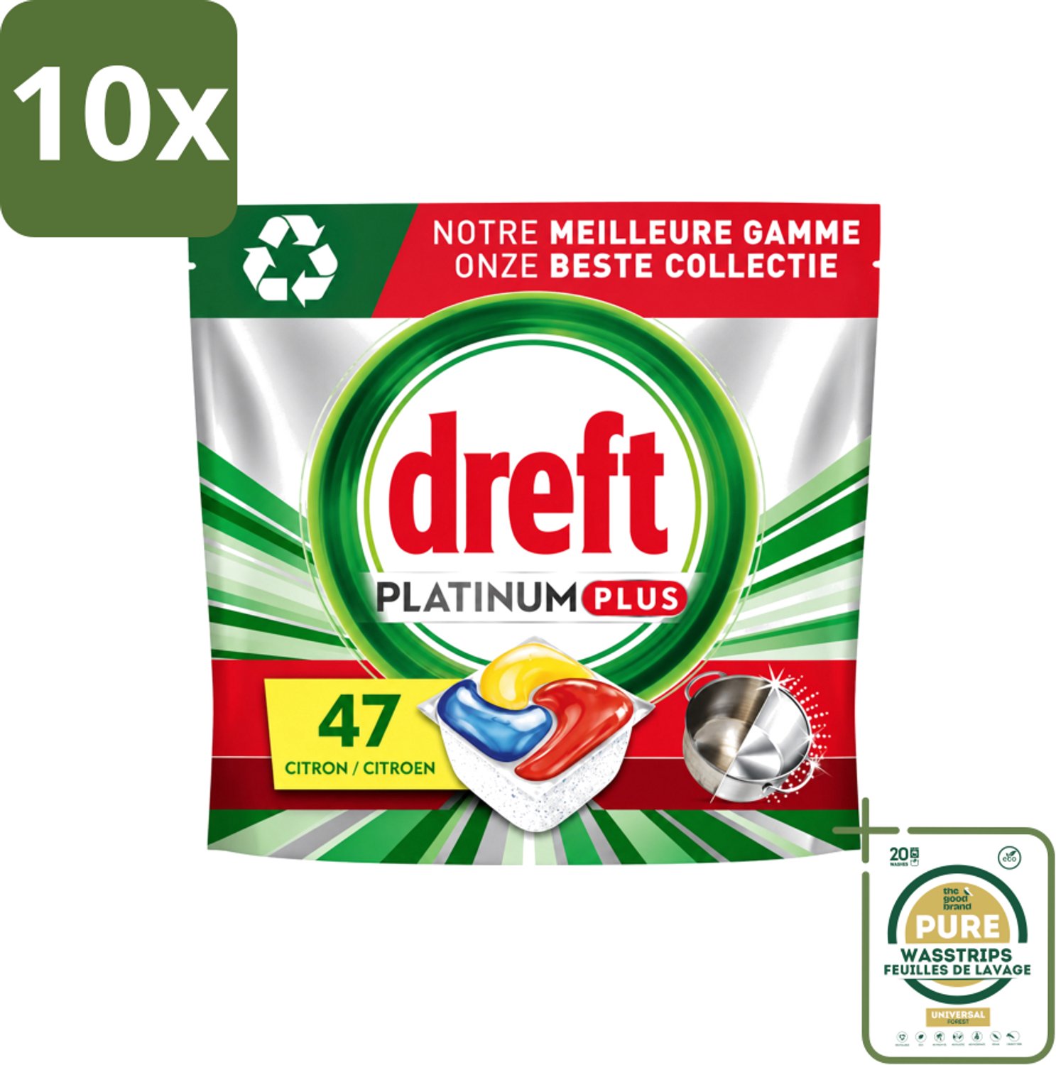 10 x Dreft Platinum Plus - All In One - Vaatwascapsules - Anti-Matt Technologie - Citroen - 47 Afwasbeurten - Wasstrips - Vaatwasmiddel - Vaatwascapsule - Vaatwasmiddel Capsule - Vaatwasmiddel 71 Wasbeurten - Vaatwasmiddel Met Spoelglans