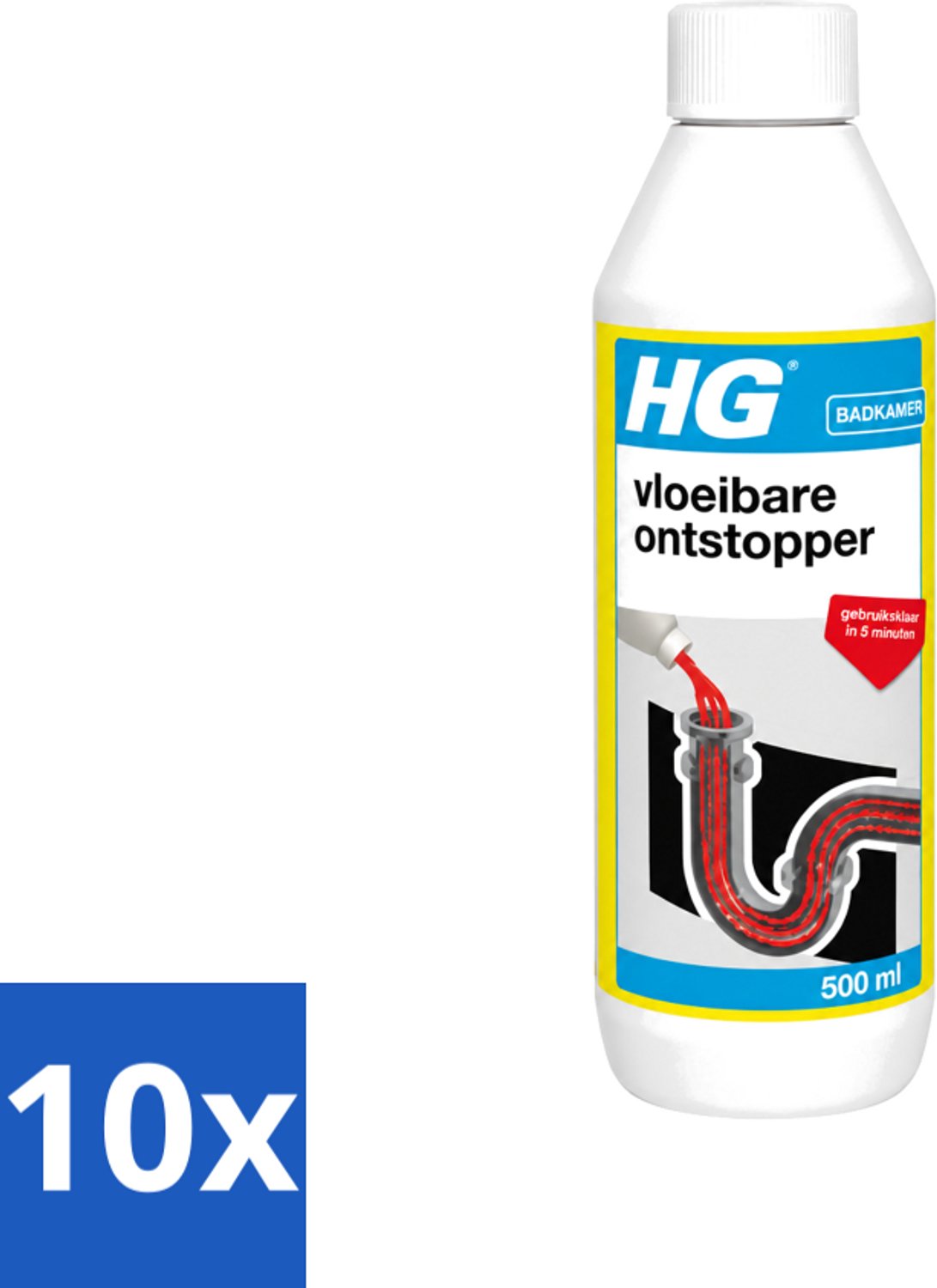 10 x HG - Vloeibare Ontstopper - Gebruiksklaar - Binnen 5 Minuten Resultaat - 500 ml - Voordeelverpakking - 10 stuks