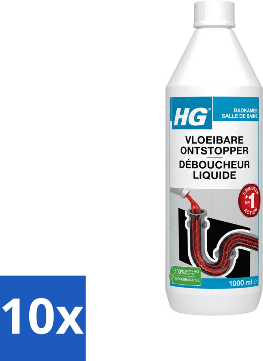 10 x HG - Vloeibare Ontstopper - Gebruiksklaar - Bruist & Spat Niet - Resultaat In 5 Minuten - 1L - Voordeelverpakking - 10 stuks