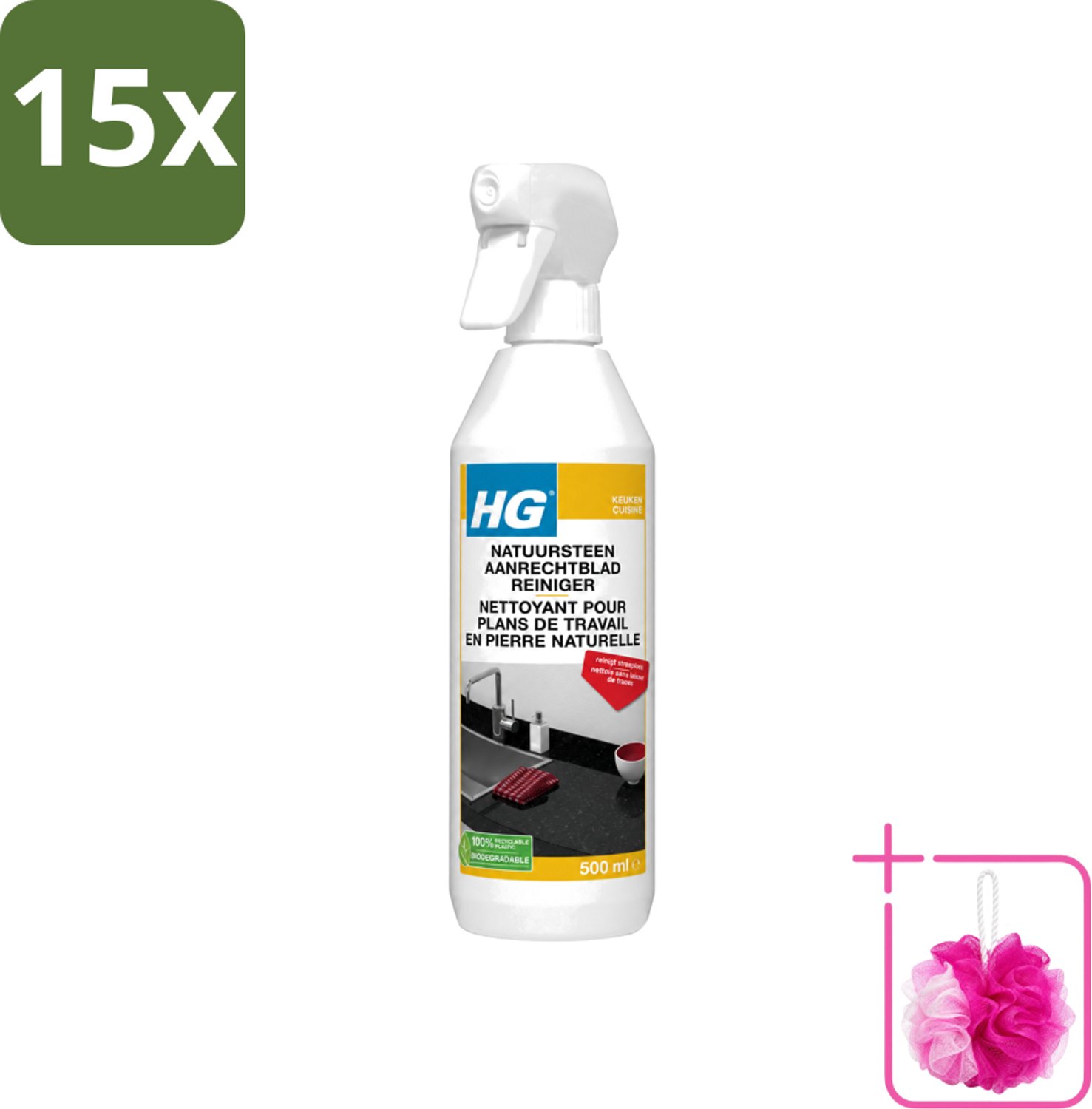 15 x HG - Natuursteen Aanrechtblad Reiniger - Reinigt Streeploos - 500 ml - Bulkverpakking - Natuursteen aanrechtblad reinigen - Douchemop - Natuursteen reinigen