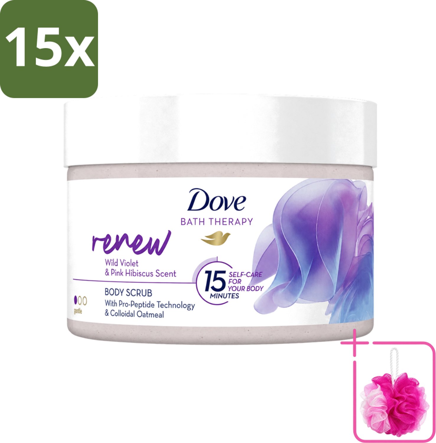 15 x Dove Bath Therapy Renew - Bodyscrub - Wilde Viooltjes & Roze Hibiscus - 295 ml - Bulkverpakking - Huidvernieuwing - Douchemop - Huidscrub