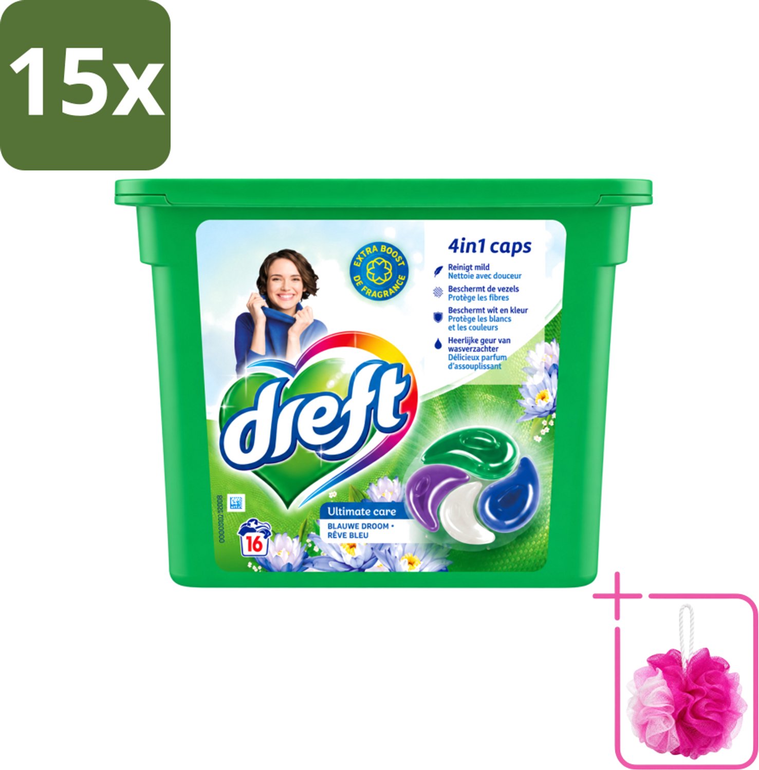 15 x Dreft - Wasmiddelcapsules 4in1 - Gekleurde Was - Blauwe Droom - 16 Wasbeurten - Bulkverpakking - Wasmiddelcapsules - Douchemop - Blauwe Droom