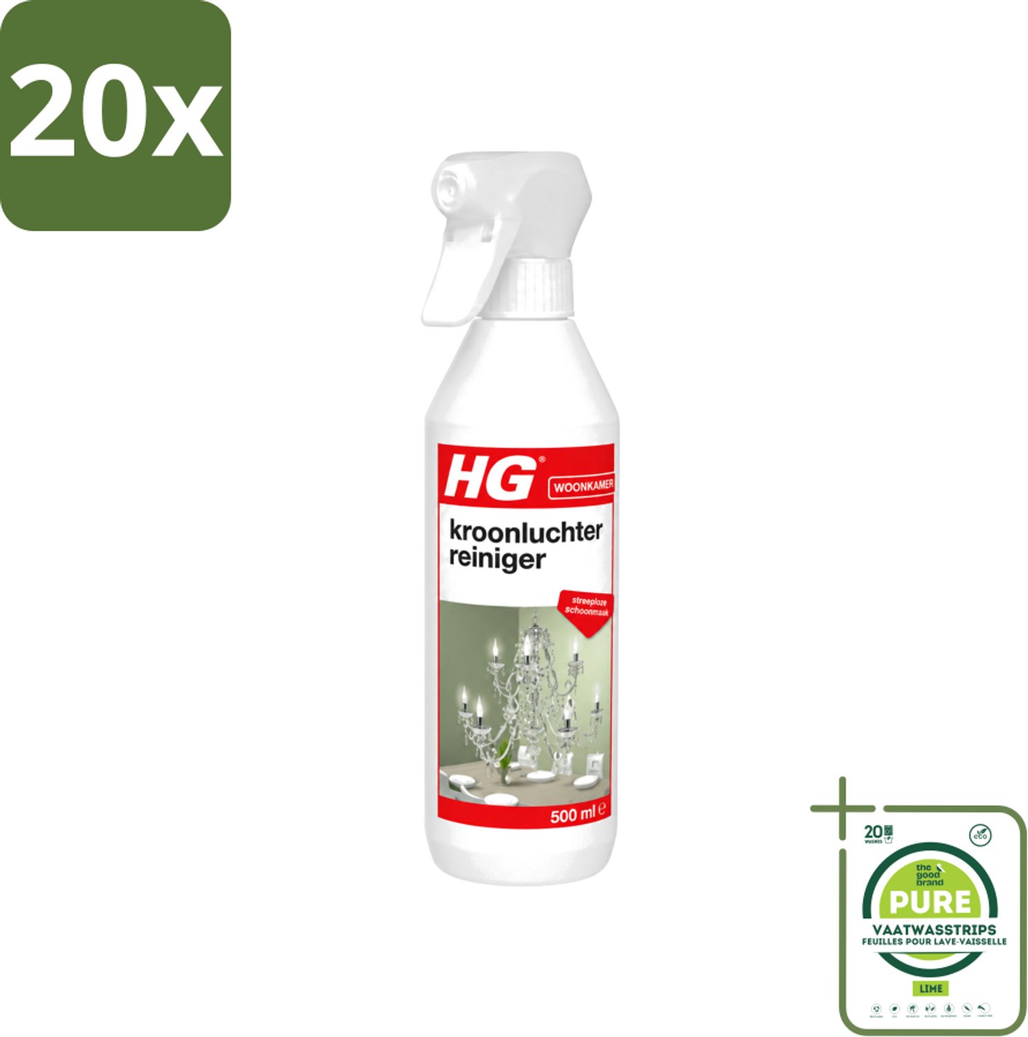 20 x HG - Kroonluchterreiniger - Streeploze Schoonmaak - 500 ml - Grootverpakking - Vaatwasstrips - Kroonluchter Reinigen - Koperen Reinigen - Messing Reinigen - Bronzen Reinigen - Vuil Verwijderen