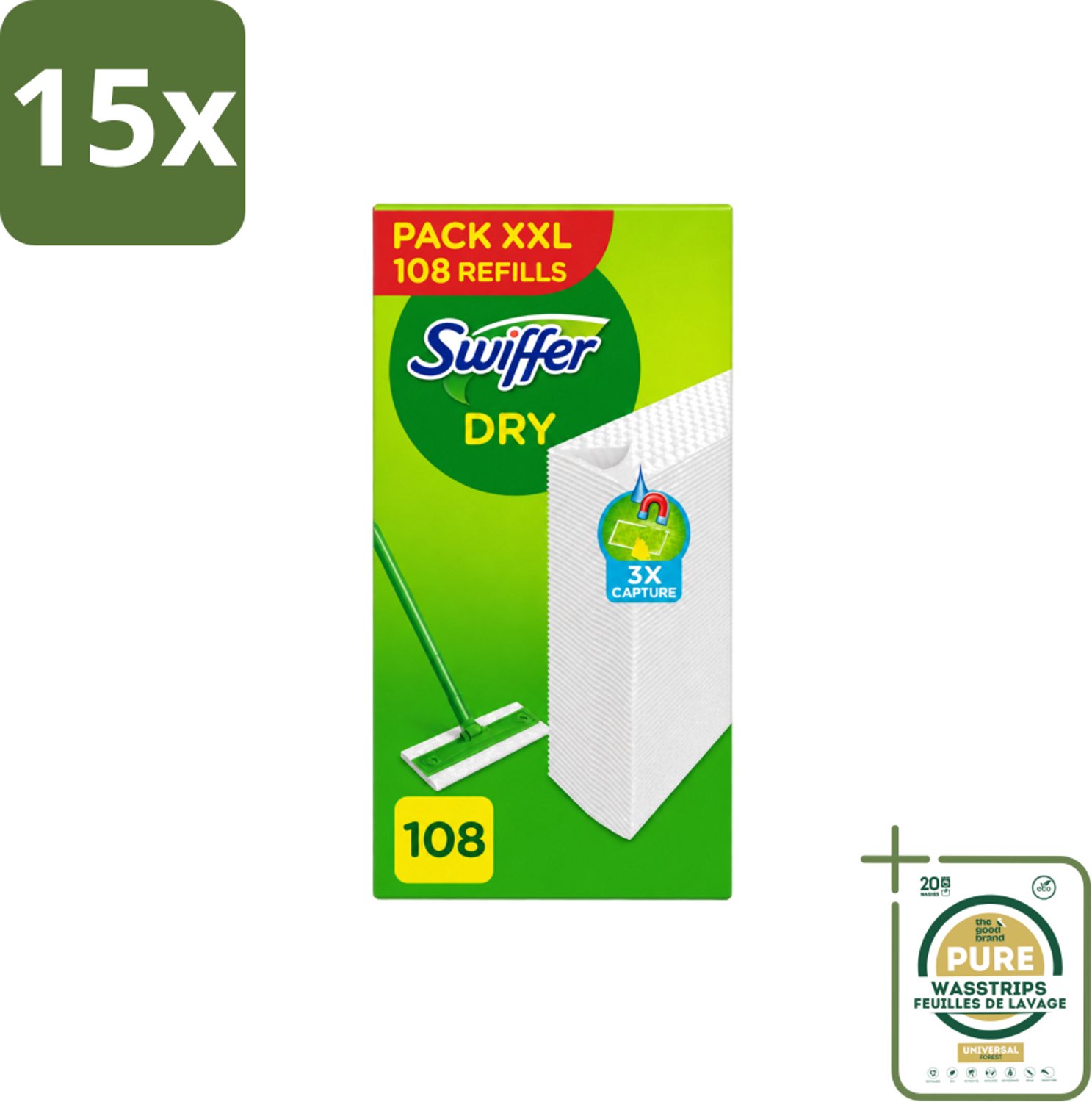 15 x Swiffer – Vloerdoekjes – Dry Navullingen – 108 doekjes - Wasstrips - Vloerdoekjes - Schoonmaken - Stofzuigen - Haren Verwijderen - Droge Vloerdoekjes