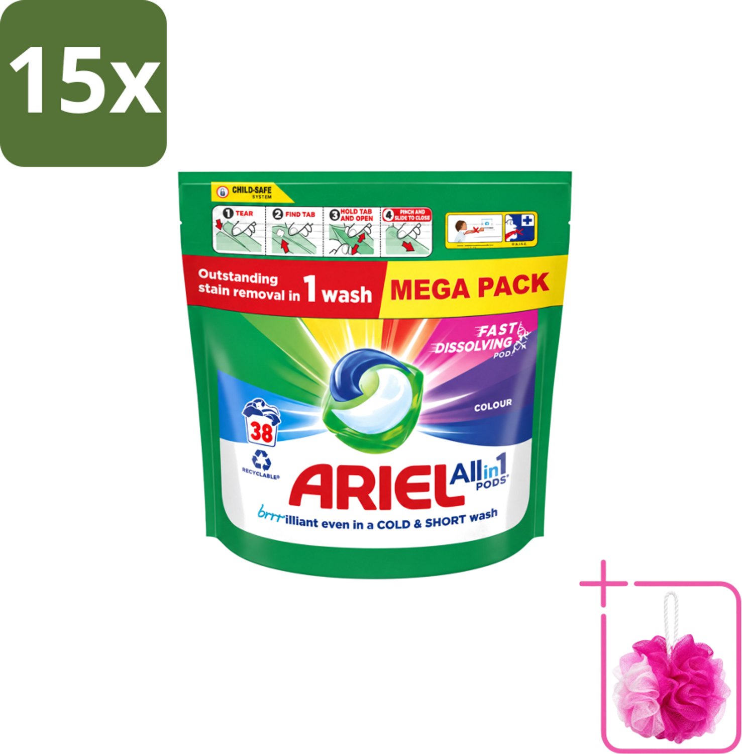 15 x Ariel – Pods All-in-1 – Color – 38 wasbeurten - Bulkverpakking - Kleurbehoud wasmiddel - Douchemop - Gekleurde was