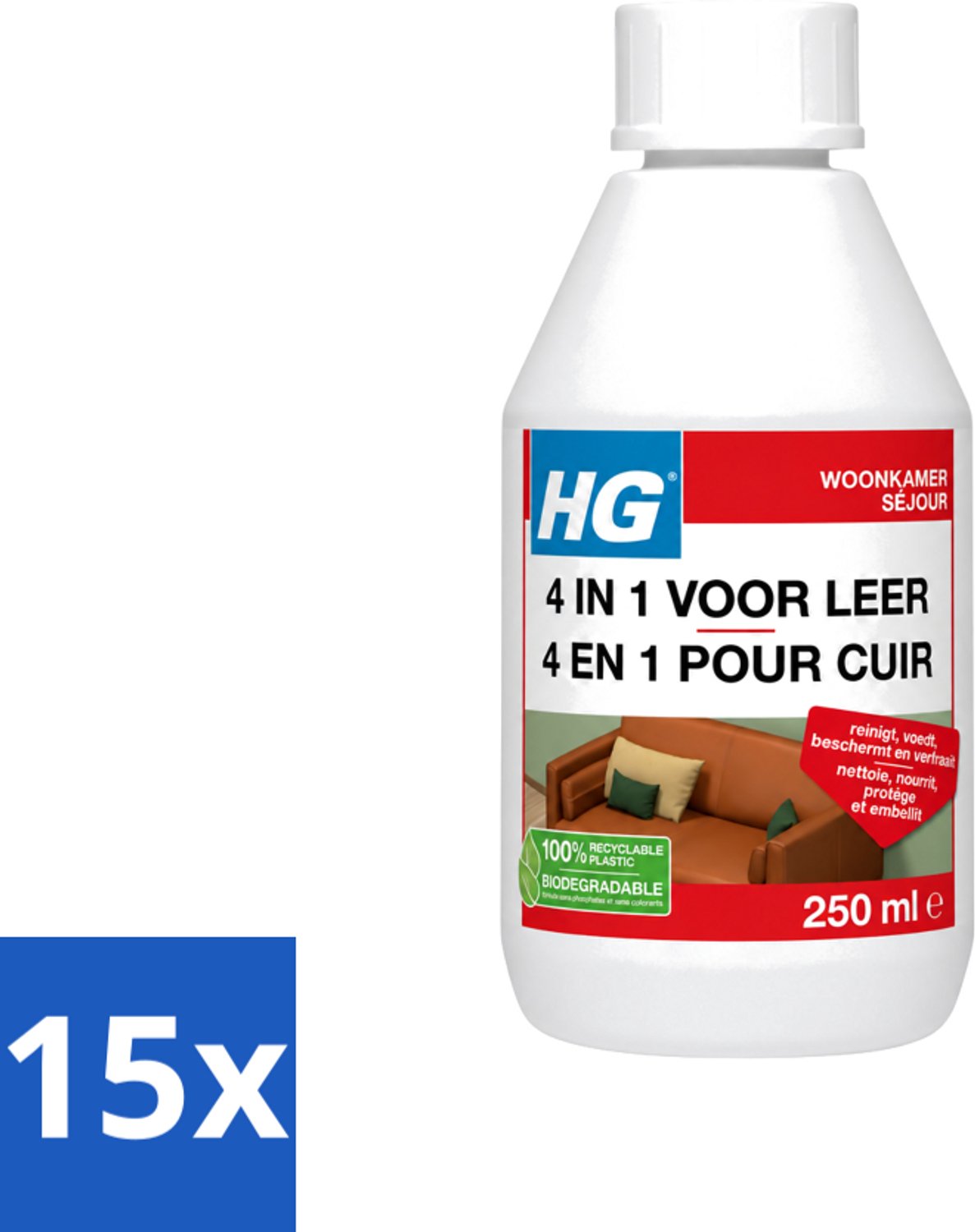 15 x HG - 4 In 1 Voor Leer - Beschermt, Voedt, Verfraait & Reinigt - 250 ml - Voordeelverpakking - 15 stuks