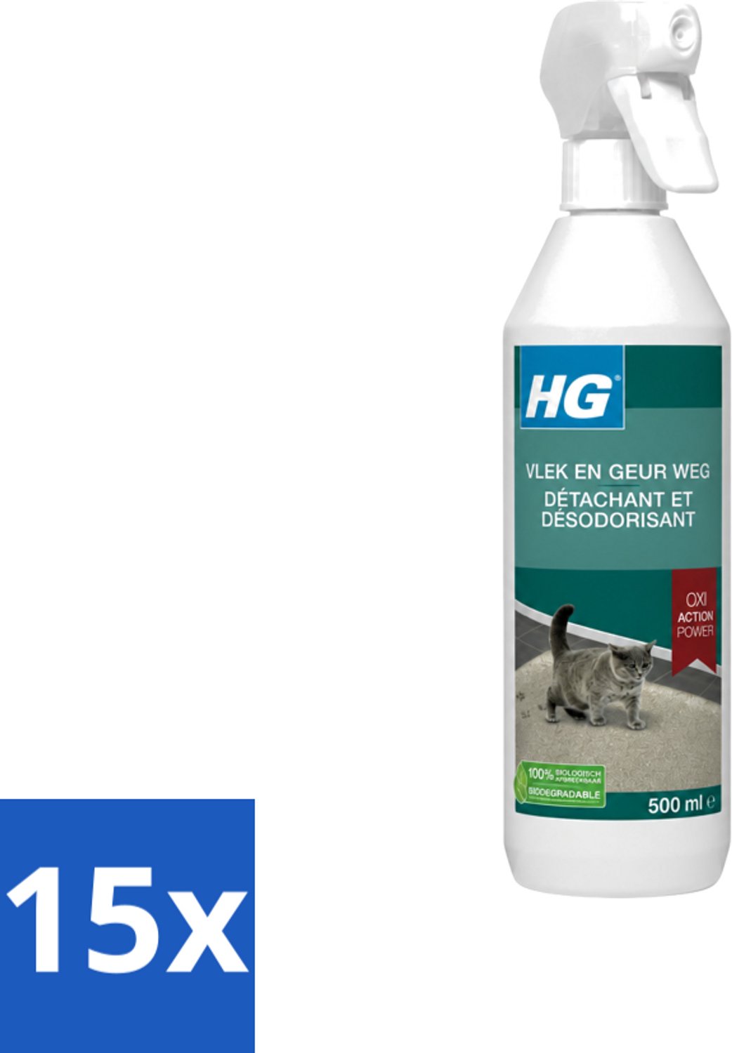 15 x HG - Vlek & Geur Weg - Tegen Kattengeuren- Oxi Action Power - 100% Biologisch - 500 ml - Voordeelverpakking - 15 stuks