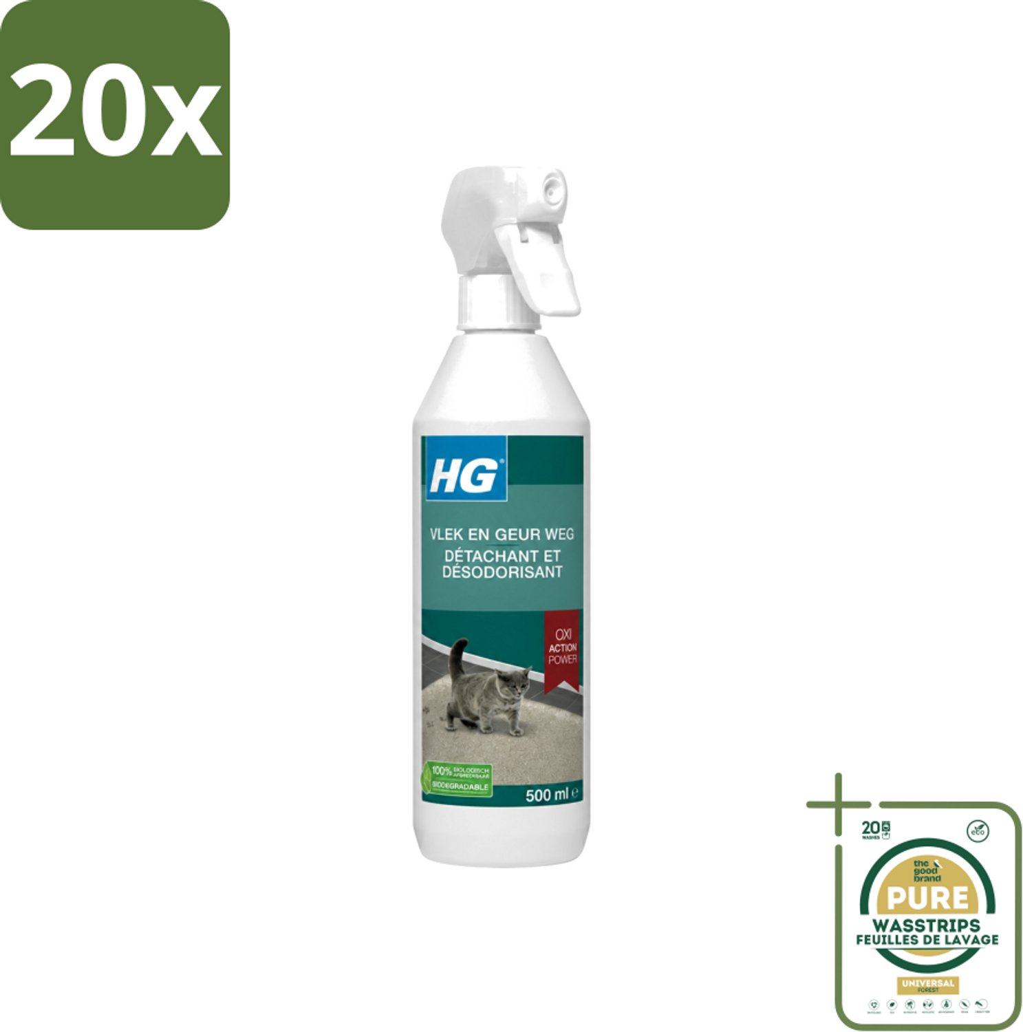 20 x HG - Vlek & Geur Weg - Tegen Kattengeuren- Oxi Action Power - 100% Biologisch - 500 ml - Wasstrips - Vlek Verwijderen - Geur Weg - Katten Vlek - Katten Geur - Tapijt Reinigen