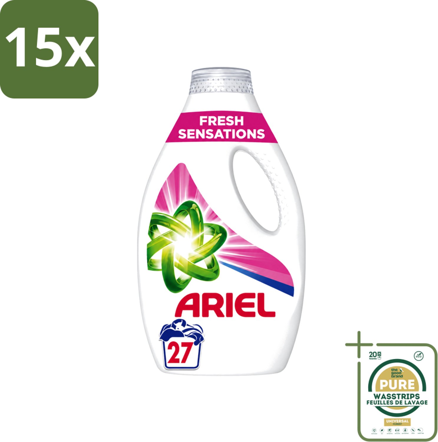 15 x Ariel Original - Fresh Sensations - Vloeibaar Wasmiddel - Witte en Lichtgekleurde Was - 27 Wasbeurten - Wasstrips - Vloeibaar Wasmiddel - Frisse Geur - Reiniging - Wasbeurt - Witte Kleding