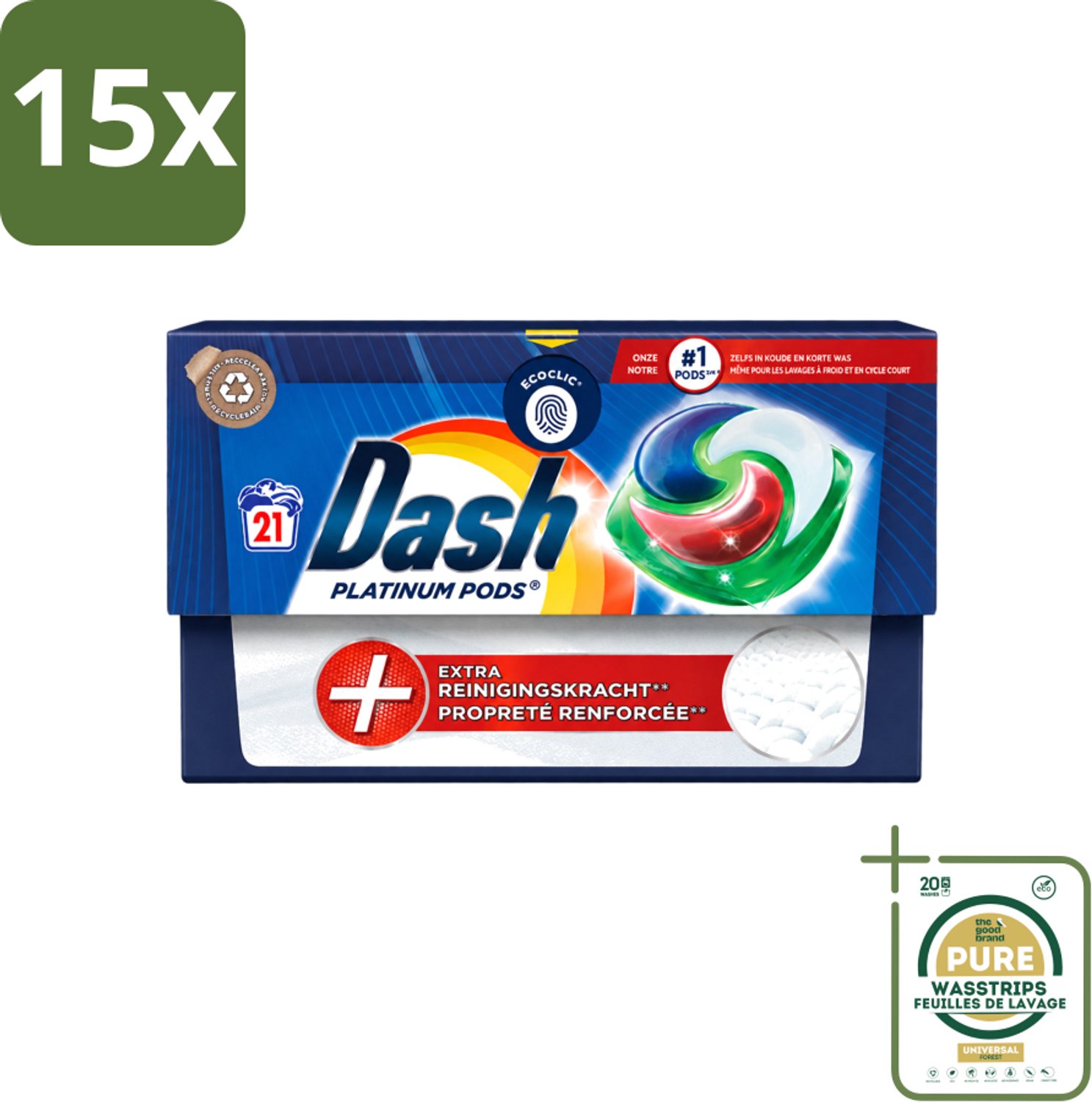15 x Dash Platinum - Wasmiddel Capsules - Witte en Gekleurde Was - 21 Wasbeurten - Wasstrips - Wasmiddel - Wascapsules - Vlekverwijdering - Wasbeurt - Wasmachine