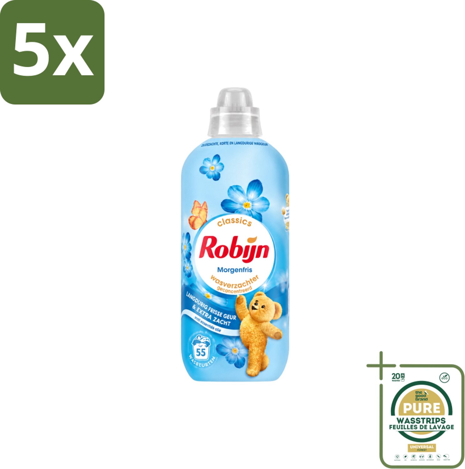 5 x Robijn – Wasverzachter – Morgenfris – 1,1 L - Wasstrips - Wasverzachter - Wasverzachter Morgenfris - Wasverzachter Voor Kleding - Wasverzachter Morgenfris 1.1 L - Wasverzachter Voor Textiel