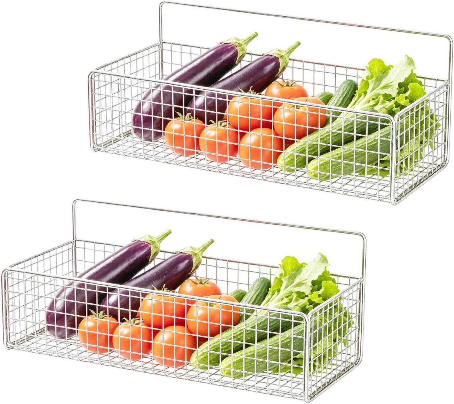 Set van 2 hangmanden voor de keuken, wandmontage opbergmanden met streeploze stickers, zonder boren, veelzijdige, stabiele organisatiemanden van metaaldraad (wit)