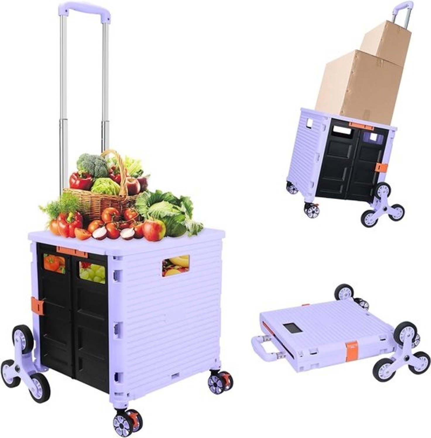 Draagbare vouwkar - Boodschappen- en klimwagen - Lasten vervoeren - Klimwiel en 360°-voorwielen - 40kg capaciteit - Paars