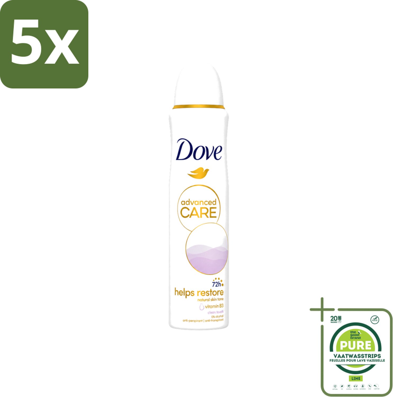 5 x Dove - Deodorant - Spray Clean Touch - Zachte geur en verzorging - 150 ml - Grootverpakking - Vaatwasstrips - Dove Deodorant Spray - Fris - Schoon - Comfortabel - Anti-transpirant