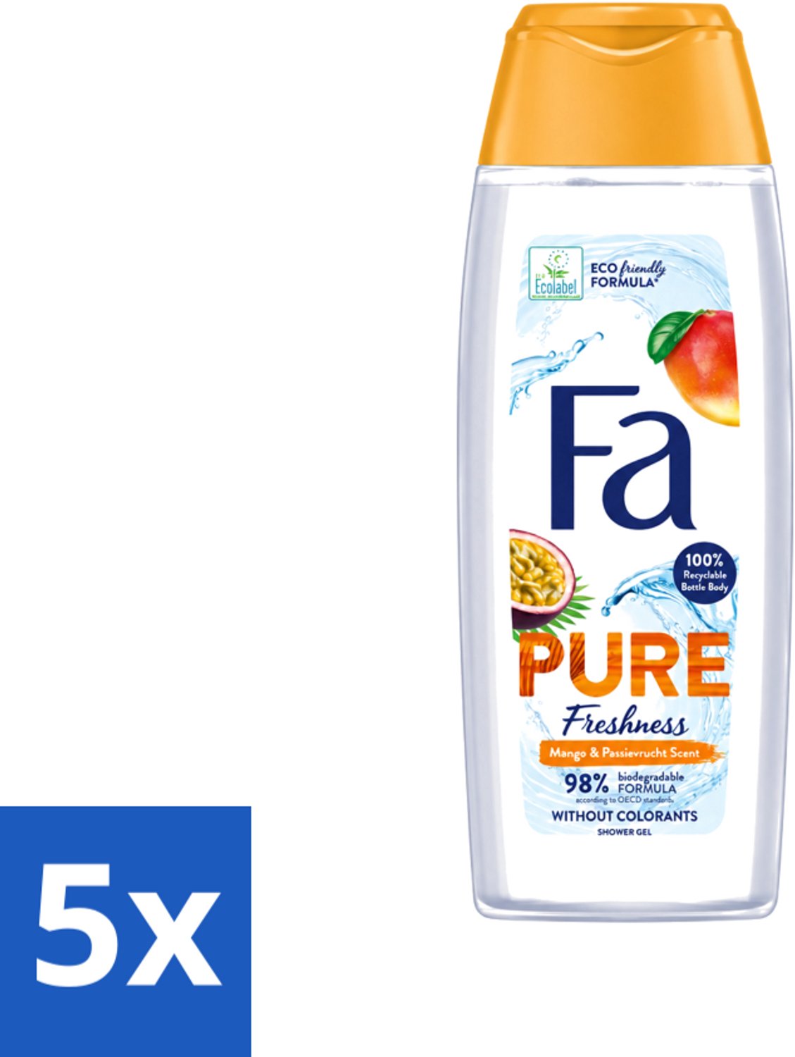 5 x Fa - Douchegel - Pure Freshness Mango & Passievrucht - Verfrissend & Zoet - Hydraterend - 250 ml - Voordeelverpakking - 5 stuks