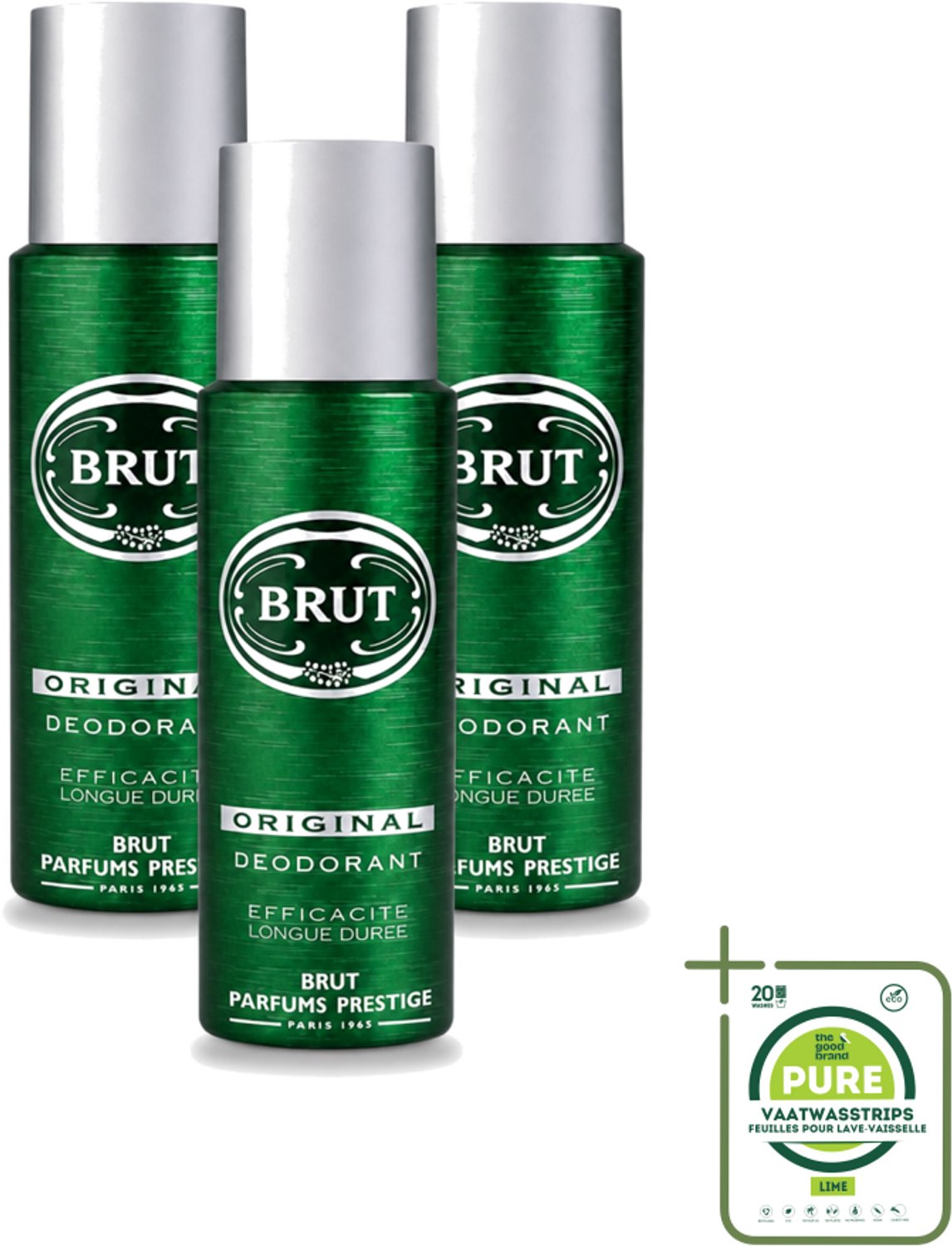 3 x Brut - Deodorant - Spray - Original - Langdurige frisheid - 200ml - Grootverpakking - Vaatwasstrips - Deodorant Spray - Lichaamsgeur - Zweetvermindering - Frisheid - Mannelijke Geur