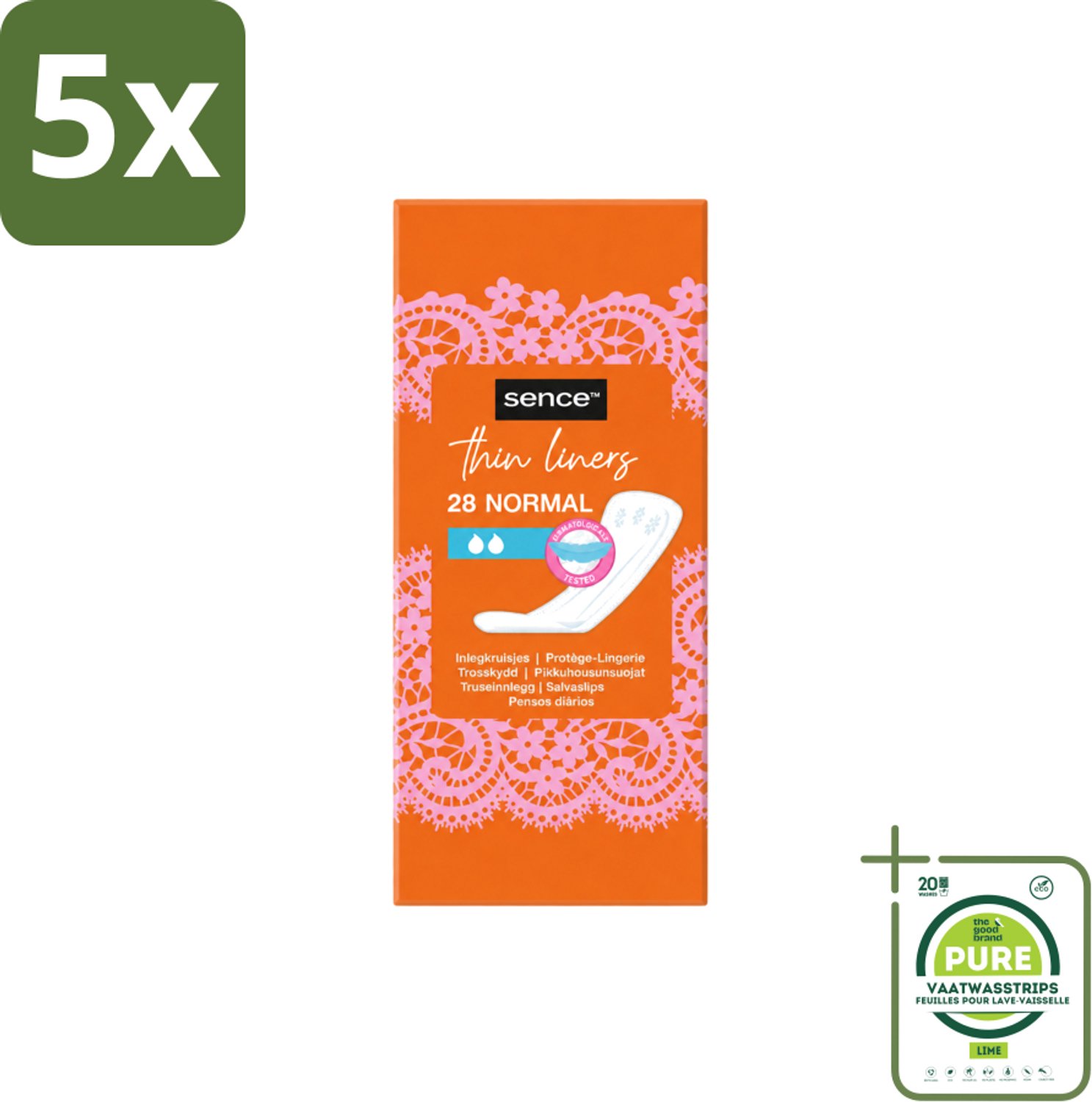 5 x Sence - Normaal - Inlegkruisjes - Dagelijks Comfort - 28 Inlegkruisjes - Grootverpakking - Vaatwasstrips - Inlegkruisjes - Dagelijks Comfort - Hygiëne - Afscheiding - Menstruatie