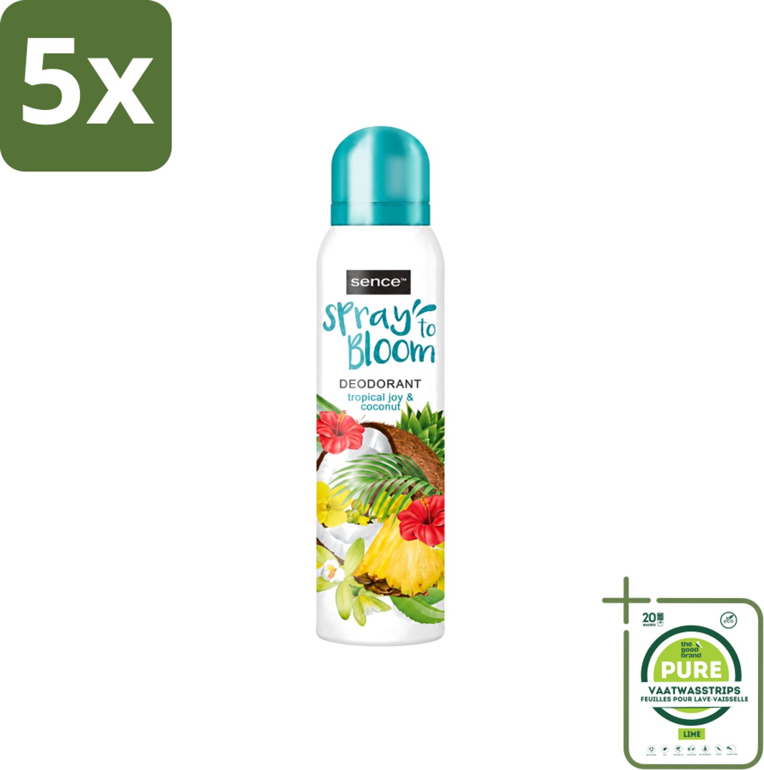 5 x Sence - Tropical Joy & Coconut - Deodorant - Exotisch - 150 ml - Grootverpakking - Vaatwasstrips - Tropische Geur - Kokos - Exotische Geur - Deodorant - Frisheid
