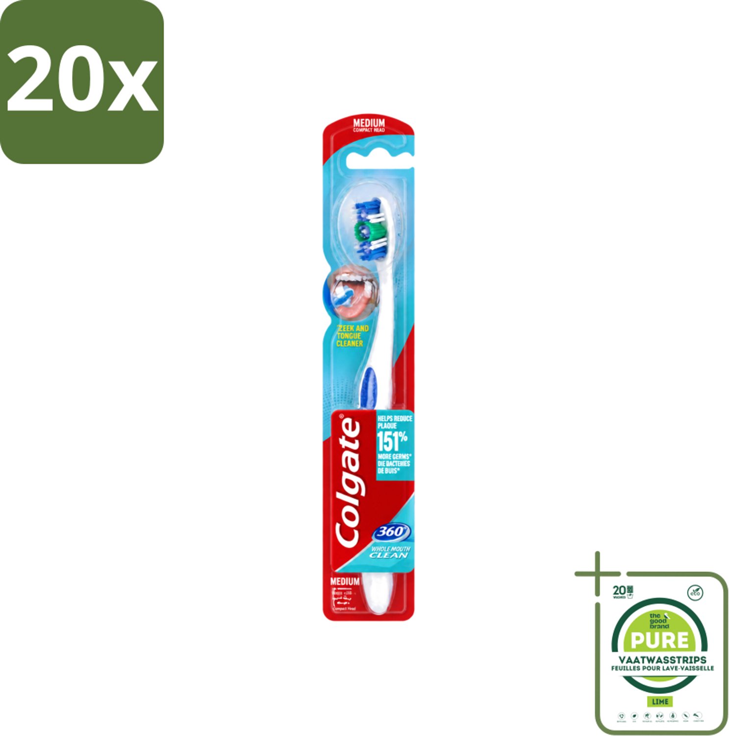 20 x Colgate - Tandenborstel - 360 Whole Mouth Clean Medium - Wit/Blauw - 1 Tandenborstel - Grootverpakking - Vaatwasstrips - Tandenborstel - Mondhygiëne - Tandenpoetsen - Bacteriën - Tandplak