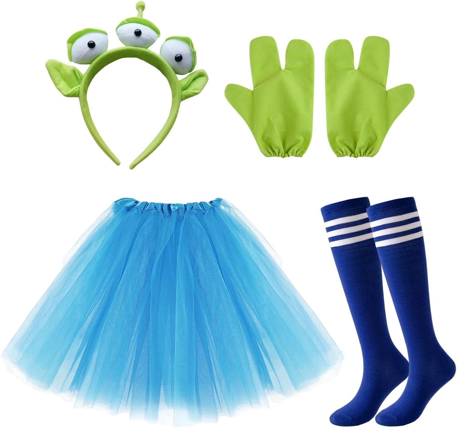 4 stuks buitenaardse kostuumsets, buitenaards kostuum, buitenaardse hoofdband, tutu-rok, gestreepte sokken, carnaval, dierenfeestkostuum voor verjaardag, Halloween-feesten, themafeesten