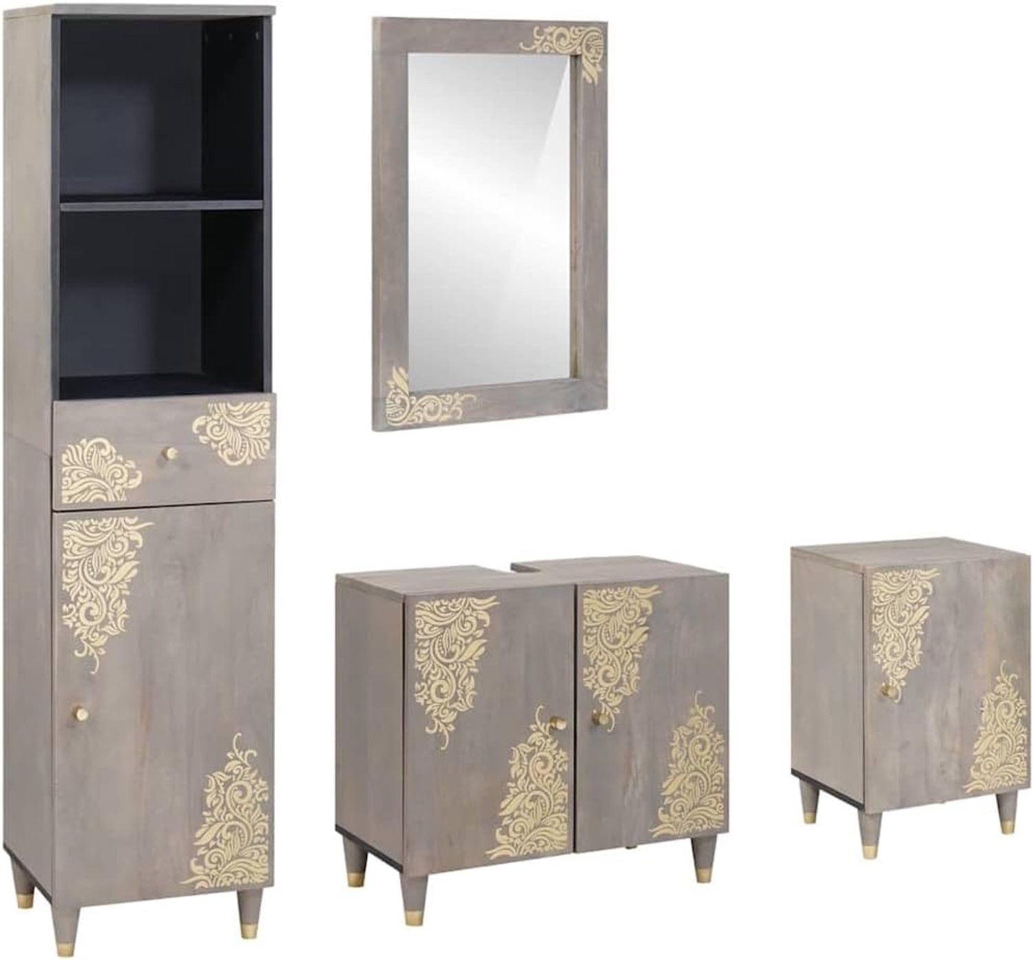4 STK. Badkamerkast set grijs massief hout mango met spiegel