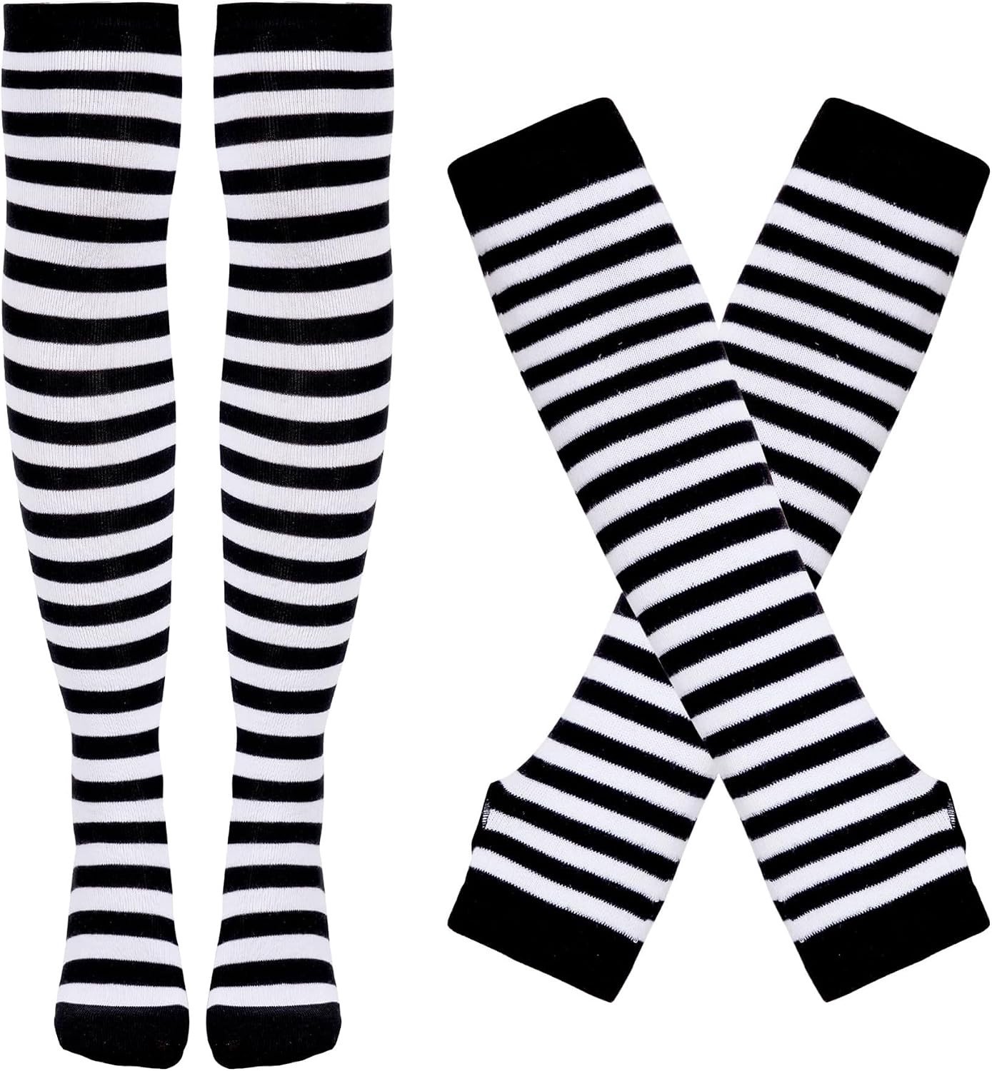 Gestreepte lange kniekousen en gebreide handschoenen set voor feestkostuum en evenementen