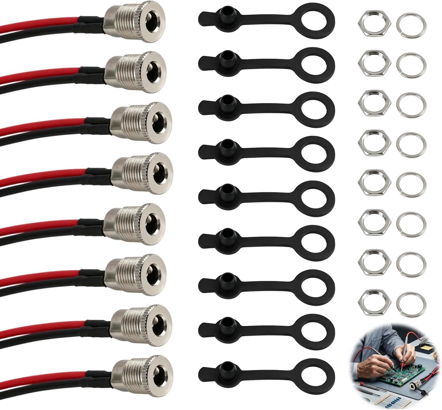 8 stuks DC 5,5 x 2,1 mm bus 12 V DC-099 voor paneelmontage, DC-stekker met 18 AWG-kabel en waterdichte afdekking, DC-adapter voor led, audio-elektronica en doe-het-zelfprojecten